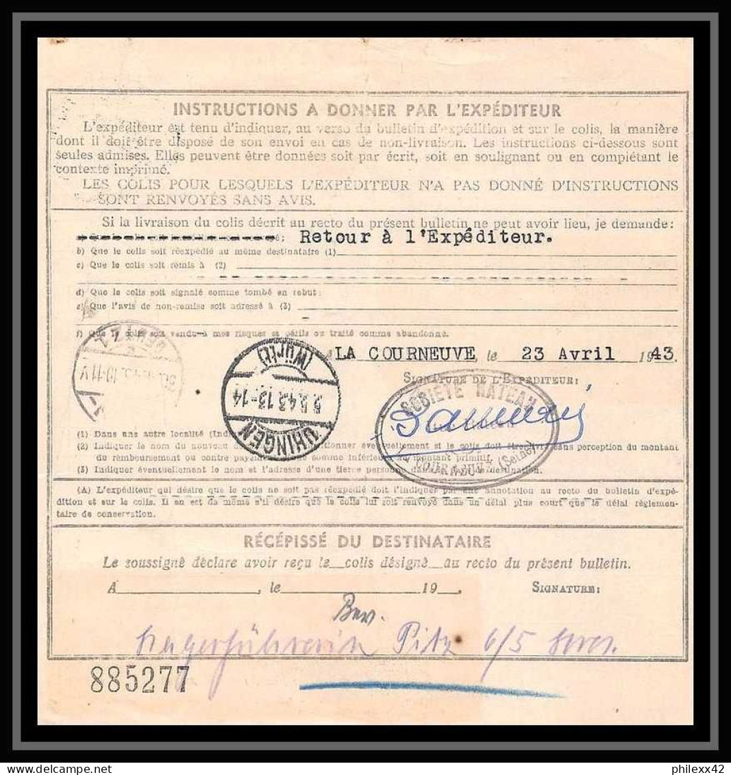 25164 Bulletin D'expédition France Colis Postaux Fiscal PARIS NORD 5/5/1943 POUR Uhingen Allemagne (germany) - Cartas & Documentos