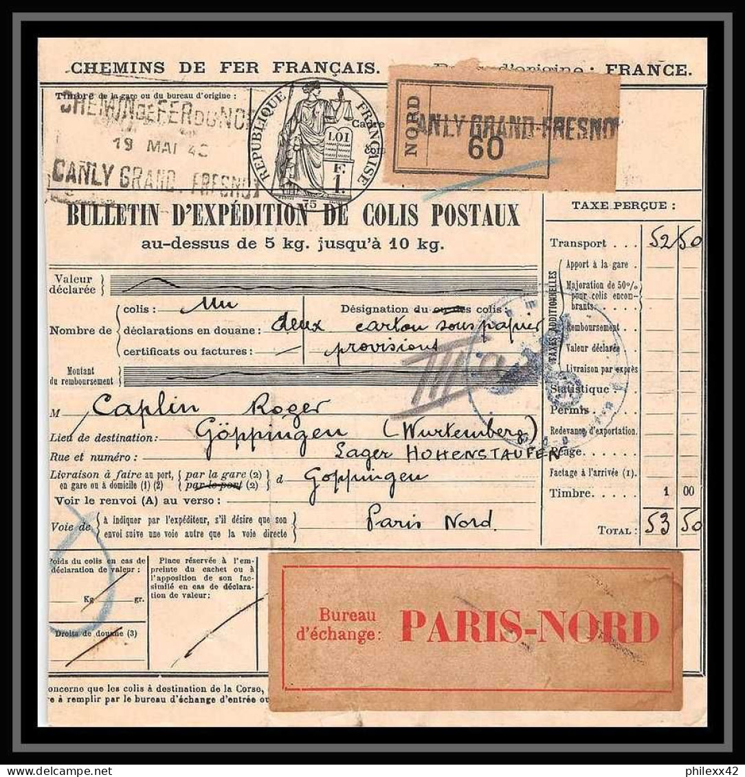 25157 Bulletin D'expédition France Colis Postaux Fiscal SNCF NORD 19/5/1943 POUR Zollamt Göppingen Allemagne (germany) - Brieven & Documenten