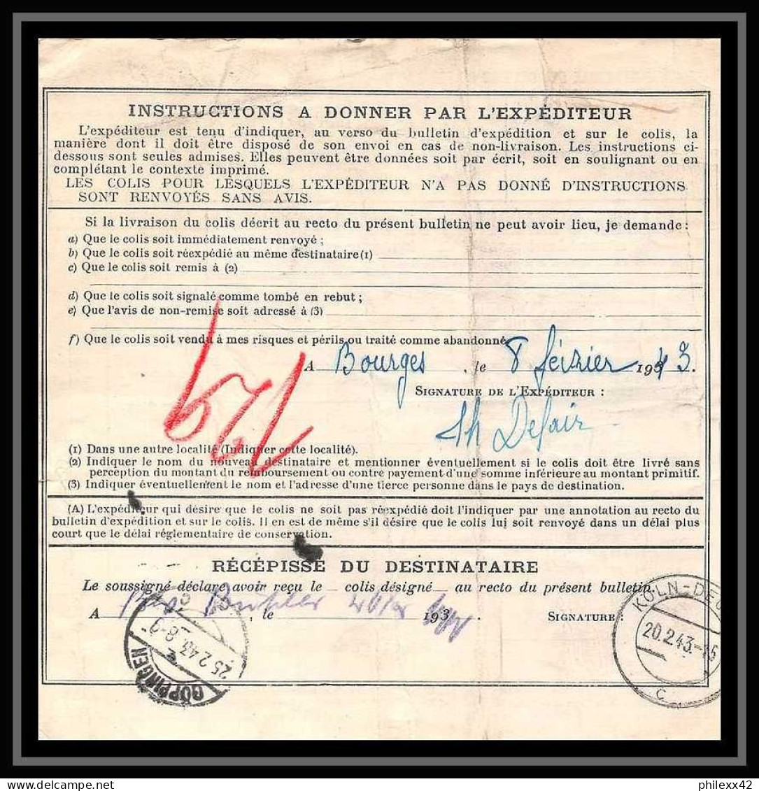 25141 Bulletin D'expédition France Colis Postaux Fiscal Bourges 8/2/1943 Pour Göppingen Allemagne Germany - Covers & Documents