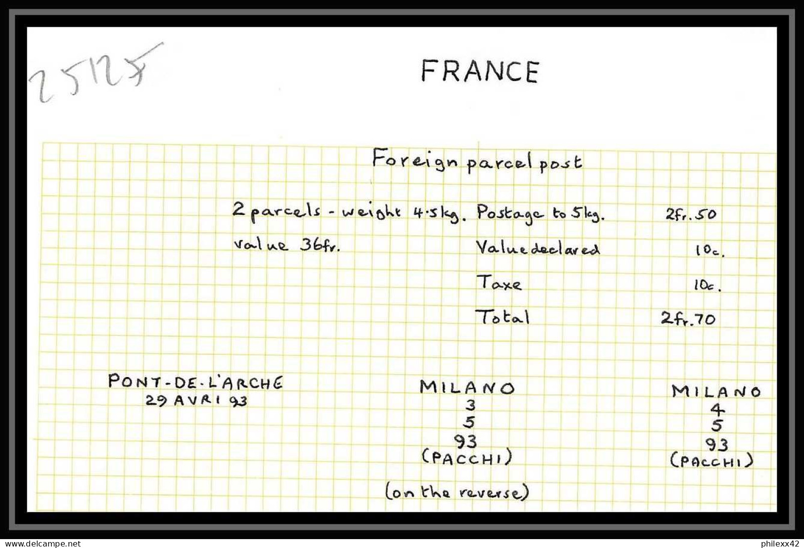 25125 Bulletin D'expédition France Colis Postaux Fiscal Pont-de-l'Arche 29/04//1893 POUR MILAN Italie (italy) - Brieven & Documenten