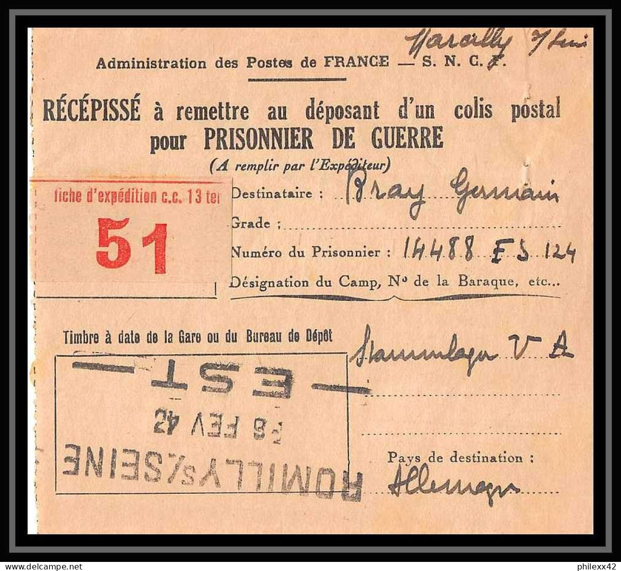 25166 - 4 Récépissé Prisonnier De Guerre (war Prisoner) France Lille / Romilly /  - Storia Postale