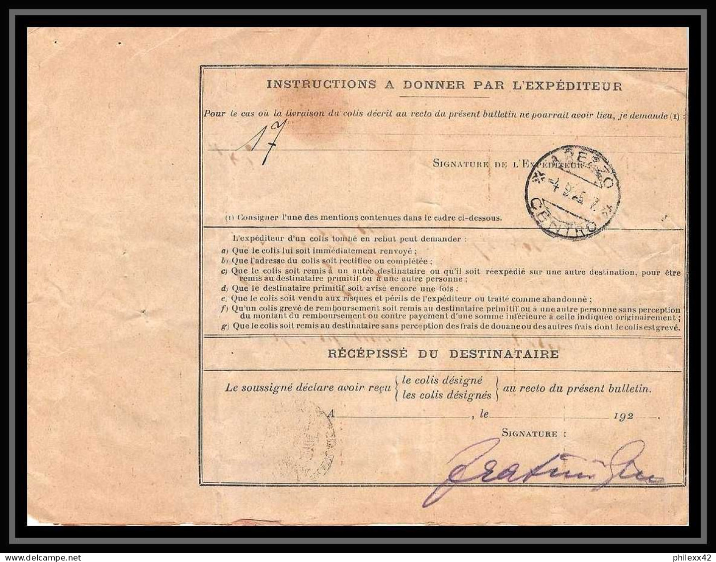 25126 Bulletin D'expédition France Colis Postaux Fiscal PARIS 28/08/1925 POUR Arezzo Italie (italy) / ITALIA - Briefe U. Dokumente