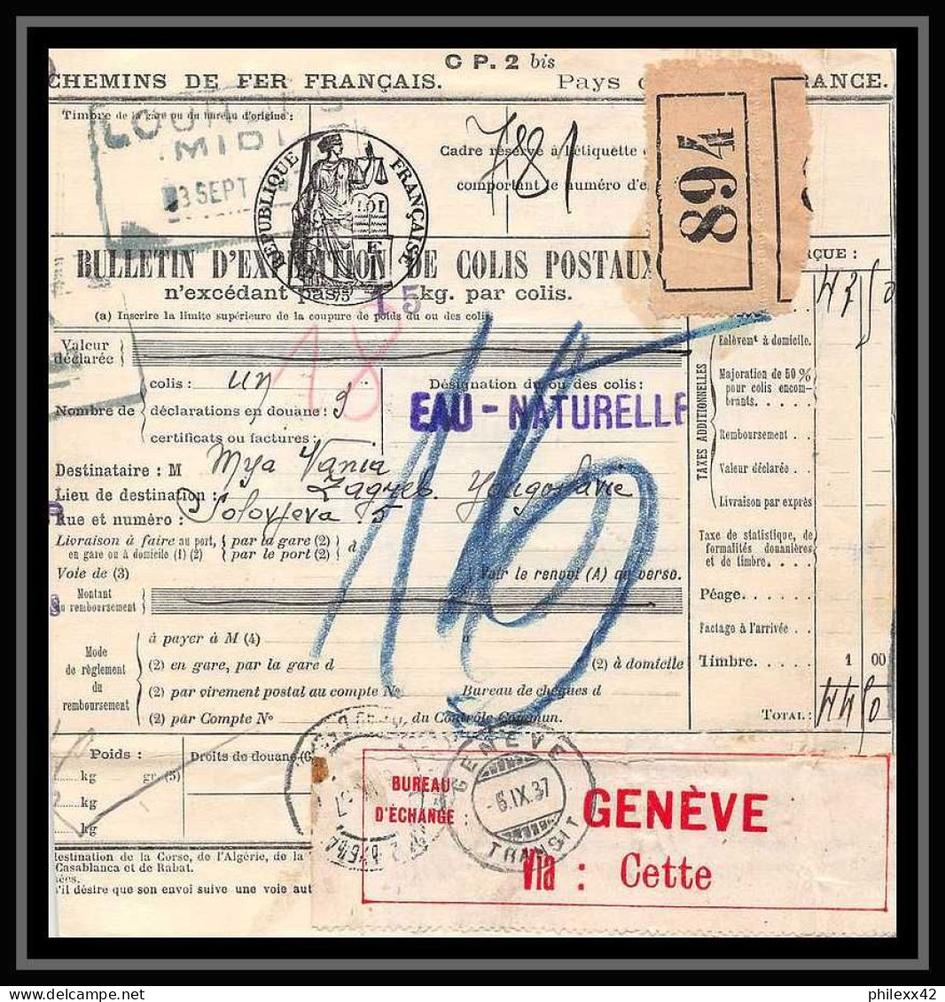 25109 Bulletin D'expédition France Colis Postaux Fiscal Lourdes 3/9/1937 Zagreb Croatie Croatia GENEVE Suisse (Swiss) - Cartas & Documentos