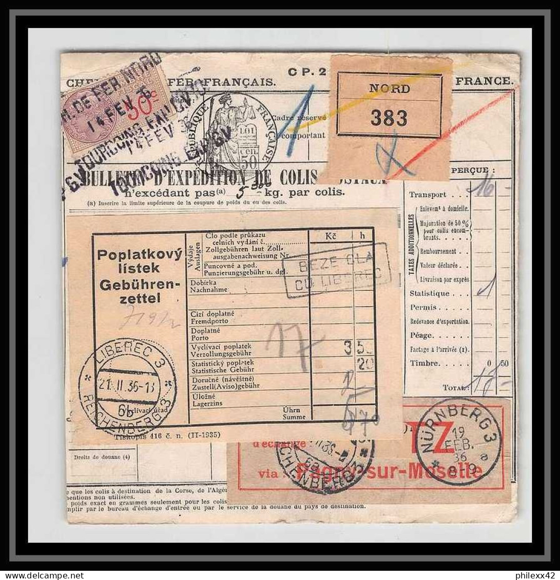 25116 Bulletin D'expédition France Colis Postaux Fiscal Tourcoing Pour Reichenberg 1936 Tchécoslovaquie Czechoslovakia - Covers & Documents