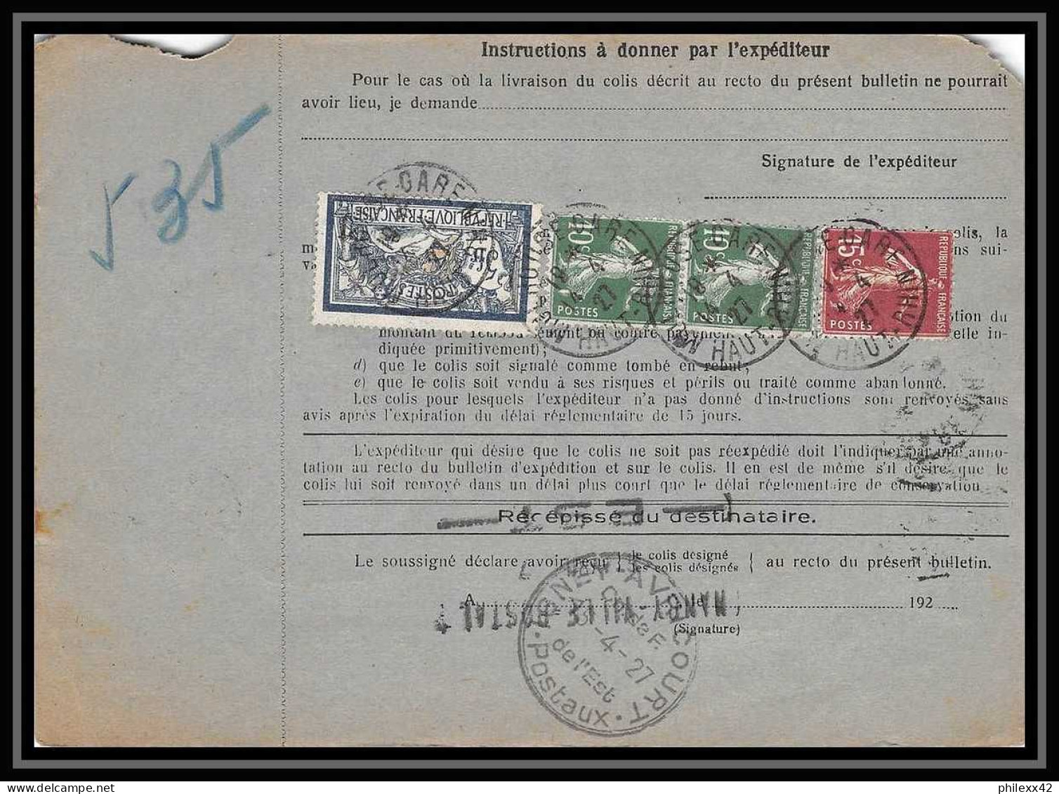 25093 Bulletin D'expédition France Colis Postaux Fiscal Haut Rhin - 1927 Mulhouse Semeuse + Merson Valeur Déclarée - Cartas & Documentos