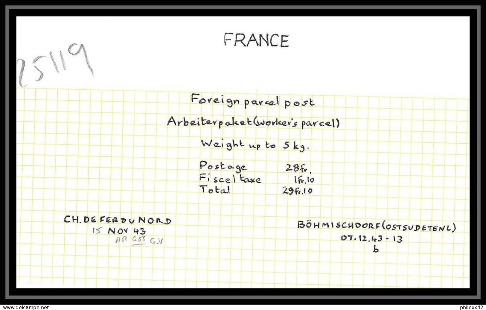 25119 Bulletin D'expédition France Colis Postaux Fiscal Chemin De Fer DU NORD POUR Böhmischdorf 1943 Allemagne Germany - Cartas & Documentos