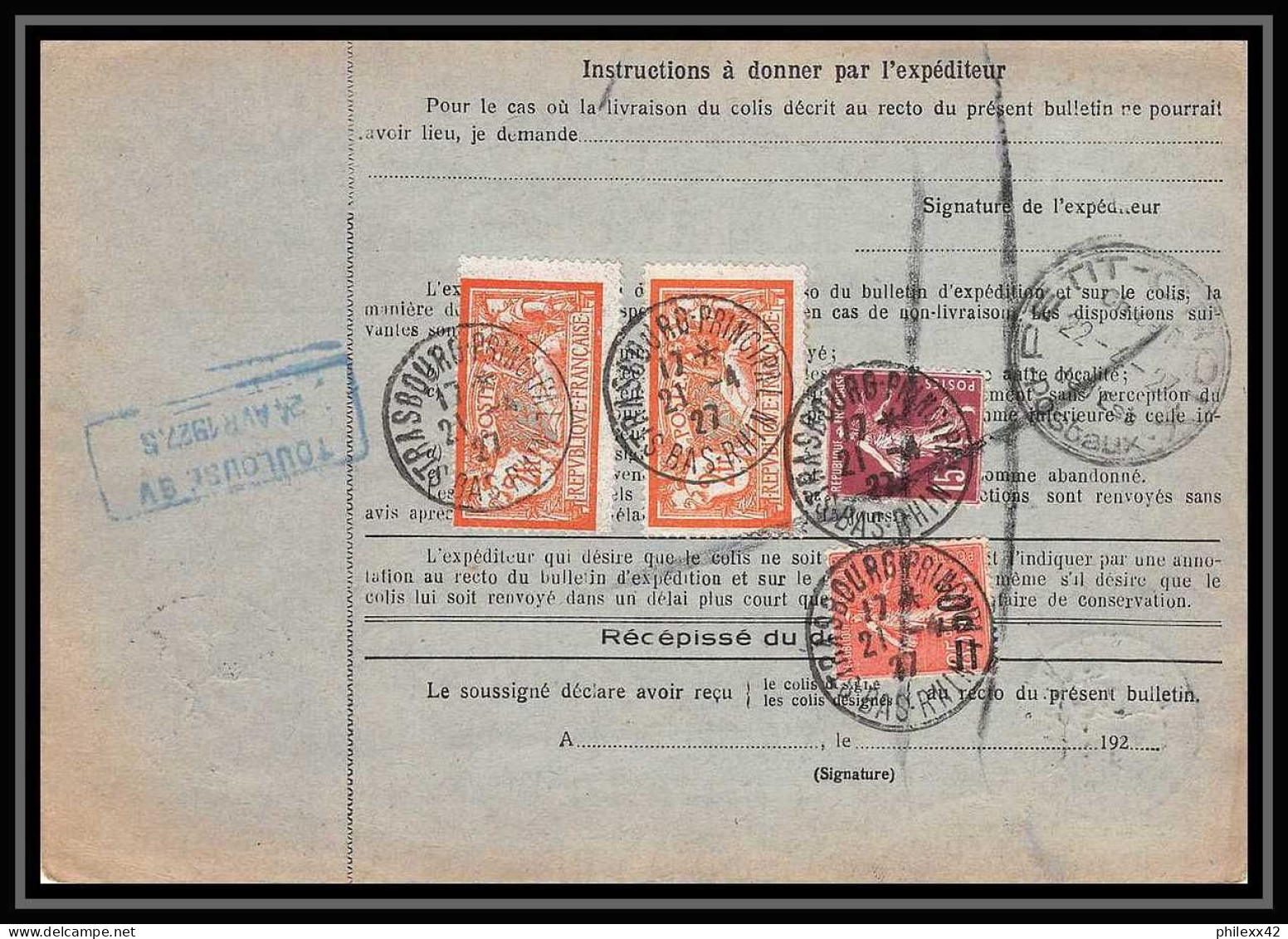 25086 Bulletin D'expédition France Colis Postaux Fiscal Haut Rhin 1927 Strasbourg Semeuse Merson 145 Alsace-Lorraine  - Storia Postale