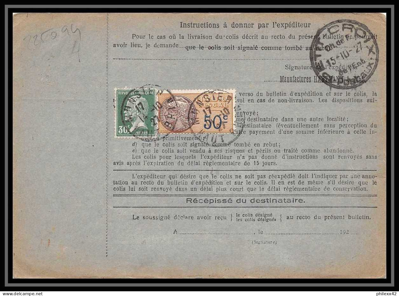 25094 Bulletin D'expédition France Colis Postaux Fiscal Haut Rhin - 1927 Munster Semeuse + Merson 123 Valeur Déclarée - Cartas & Documentos