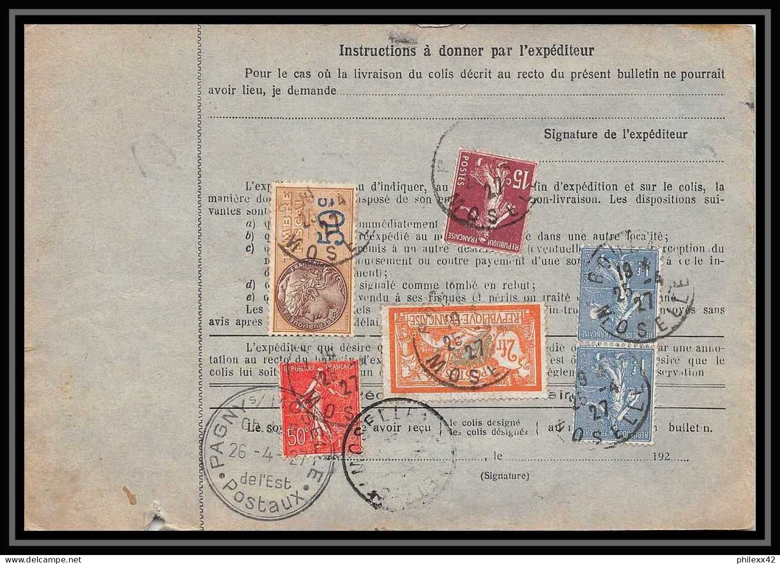 25089 Bulletin D'expédition France Colis Postaux Fiscal Moselle 1927 Boulay Semeuse + Merson 145 Alsace-Lorraine  - Covers & Documents