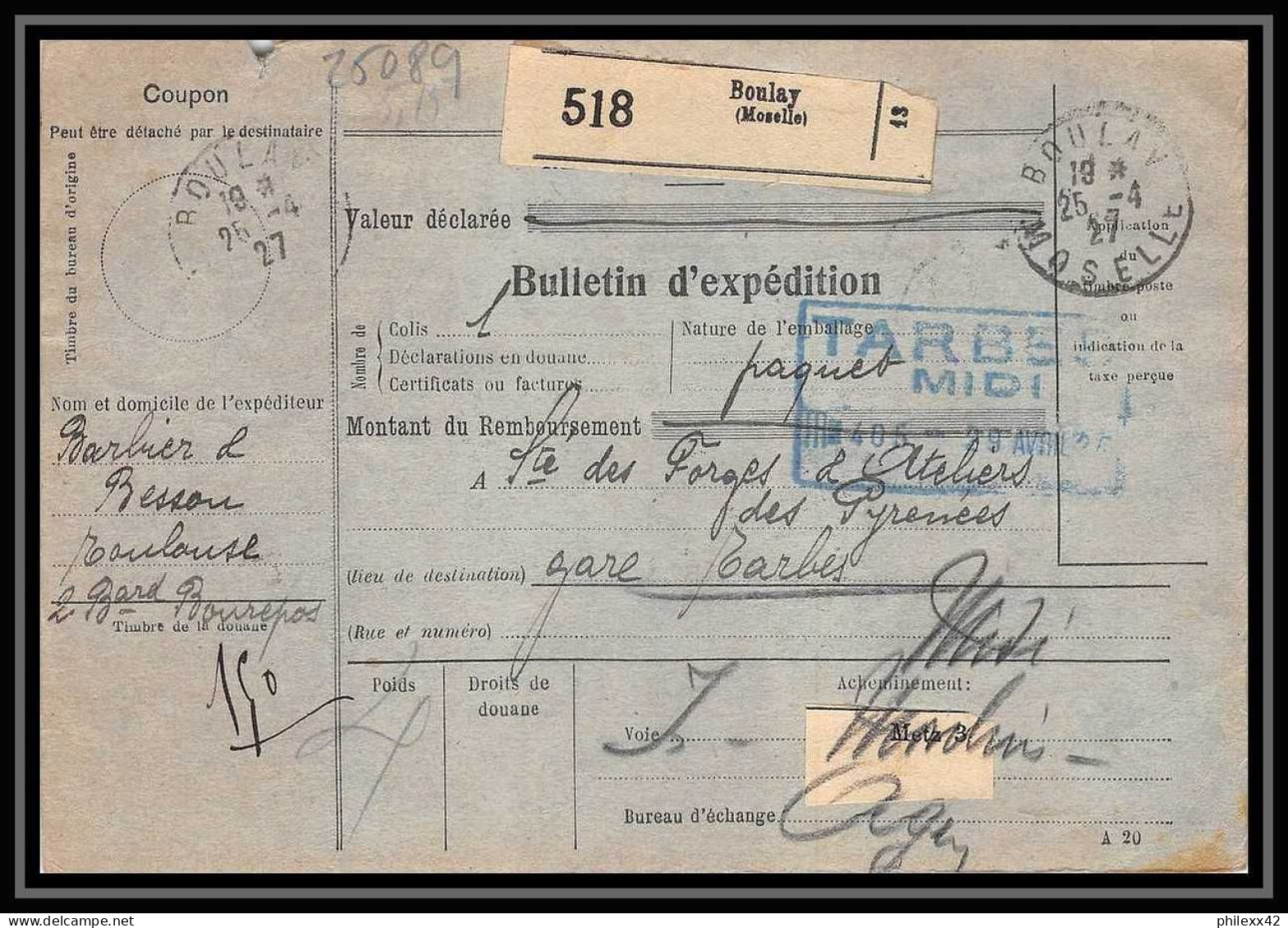 25089 Bulletin D'expédition France Colis Postaux Fiscal Moselle 1927 Boulay Semeuse + Merson 145 Alsace-Lorraine  - Briefe U. Dokumente