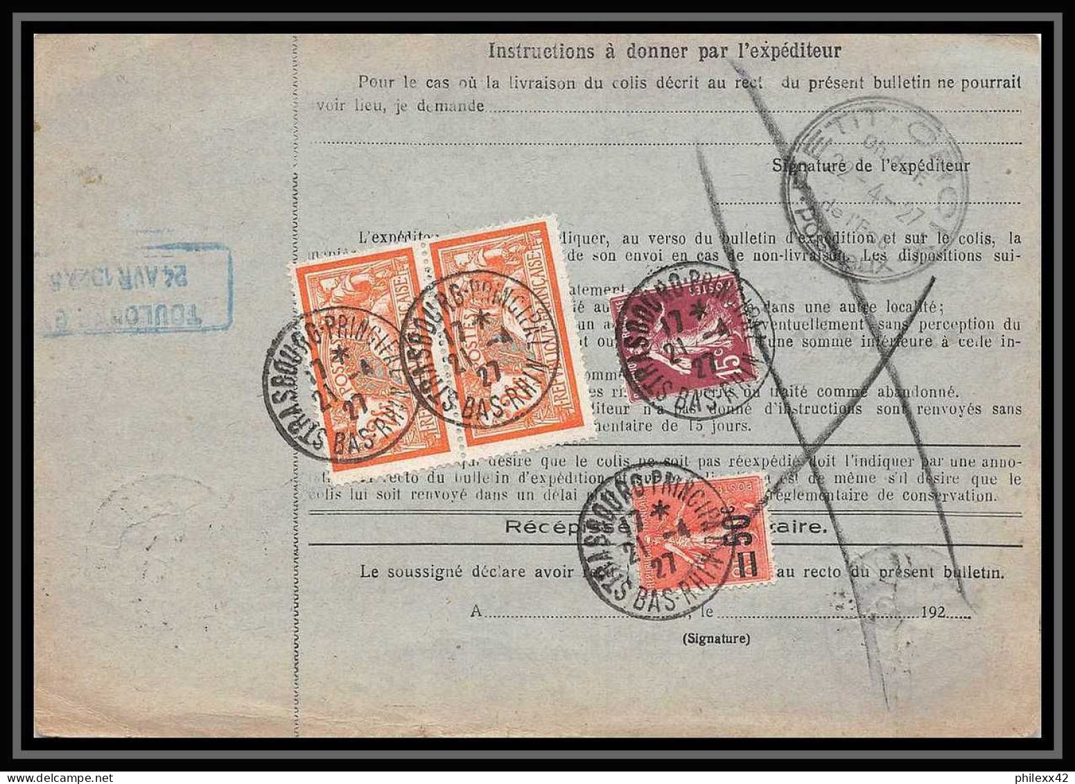 25085 Bulletin D'expédition France Colis Postaux Fiscal Haut Rhin - 1927 Strasbourg Merson145 Alsace-Lorraine  - Brieven & Documenten