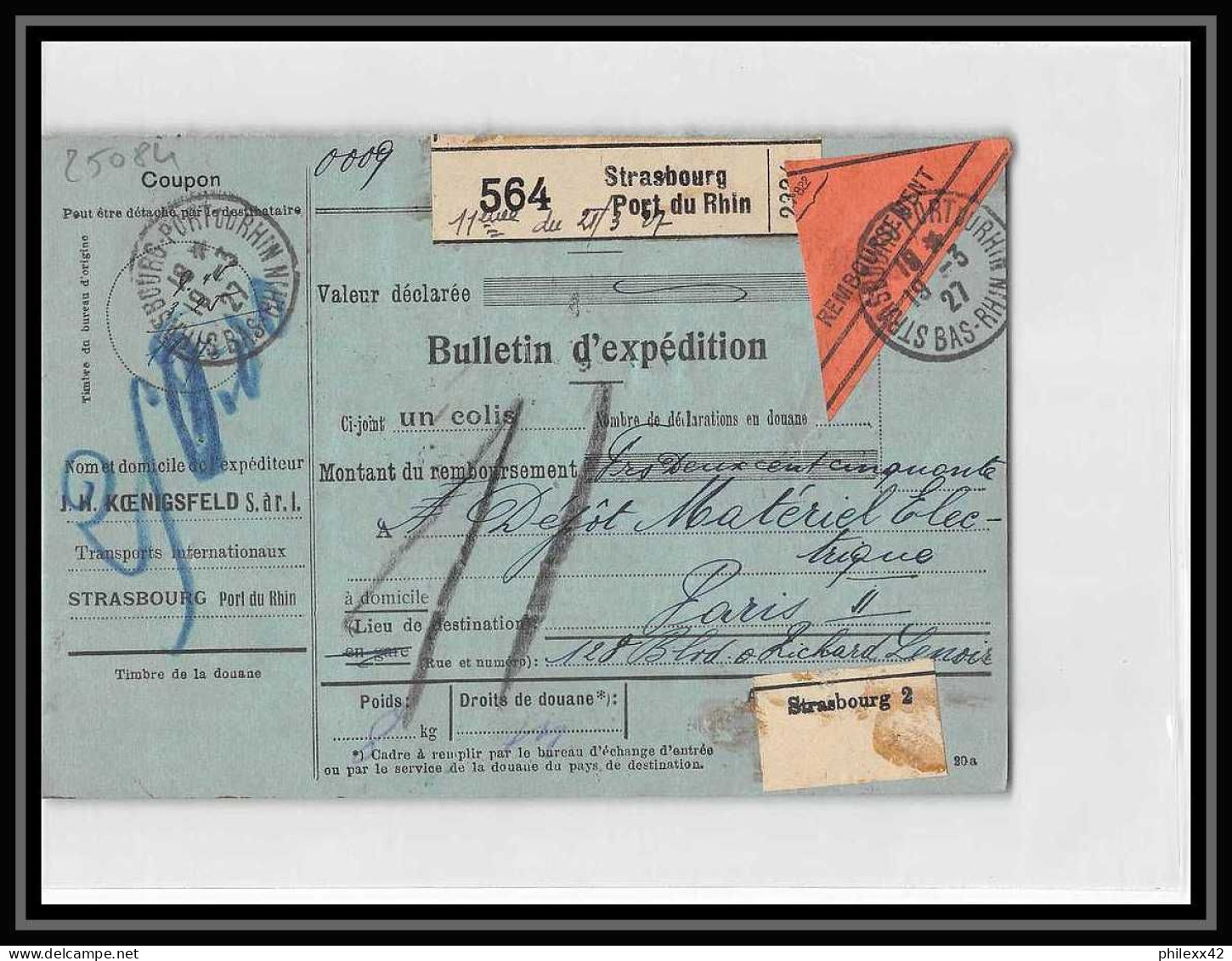 25084 Bulletin D'expédition France Colis Postaux Fiscal Haut Rhin Strasbourg 1927 Merson 145 Contre Remboursement - Cartas & Documentos