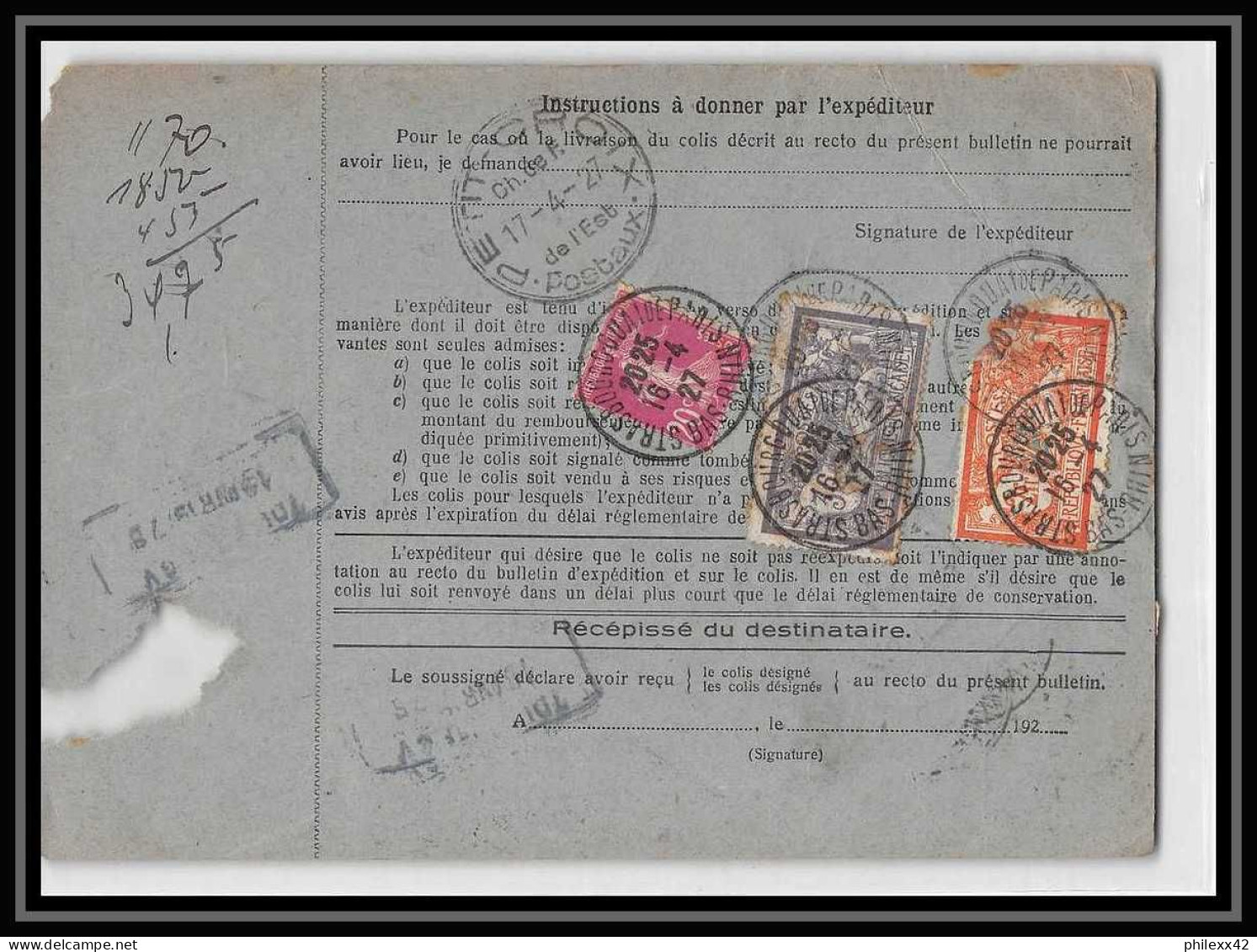 25081 PROMO Bulletin D'expédition France Colis Postaux Fiscal Haut Rhin 1927 Strasbourg Merson 145+206 - Cartas & Documentos
