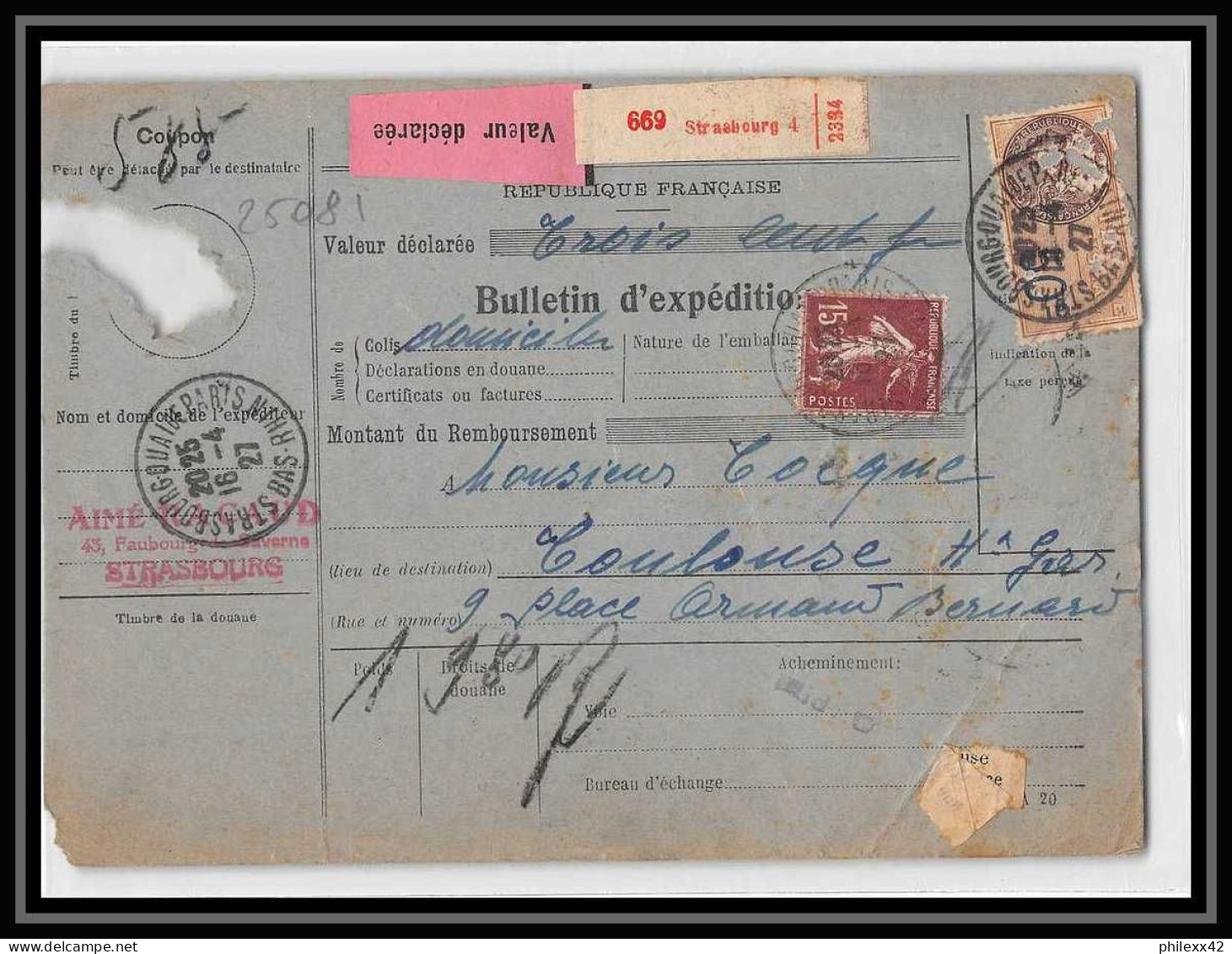 25081 PROMO Bulletin D'expédition France Colis Postaux Fiscal Haut Rhin 1927 Strasbourg Merson 145+206 - Storia Postale