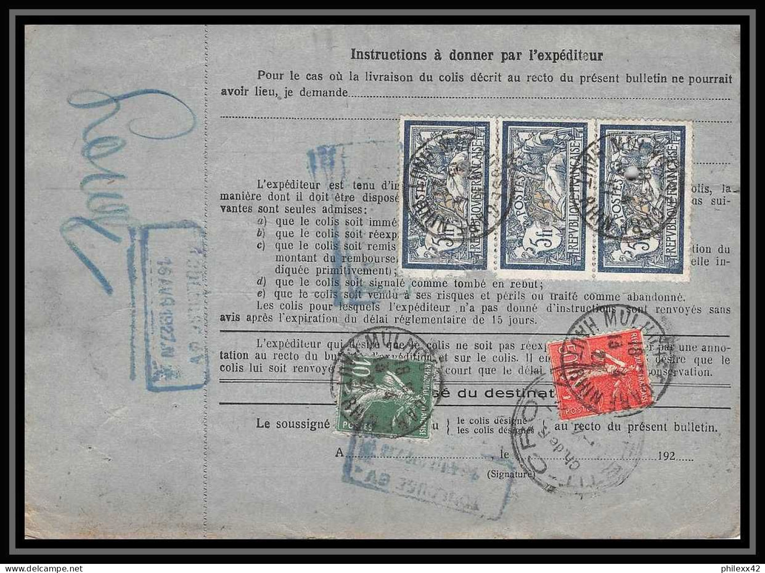 25069 Bulletin D'expédition France Colis Postaux Fiscal Haut Rhin - 1927 Mulhouse Merson 123 X 3 Valeur Déclarée - Storia Postale