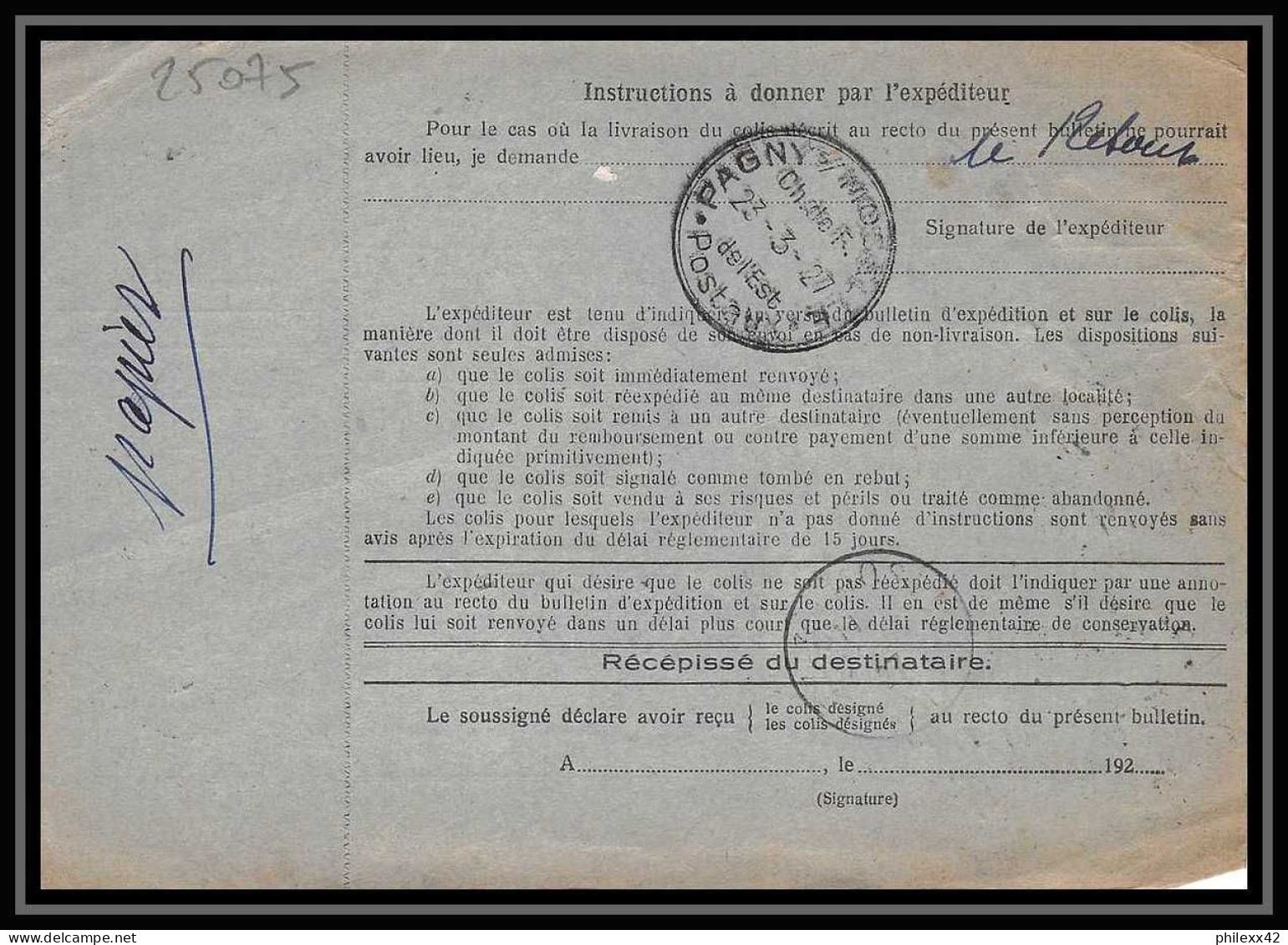 25075 Bulletin D'expédition France Colis Postaux Fiscal Haut Rhin 1927 Sarreguemines Merson 145 Alsace-Lorraine  - Storia Postale