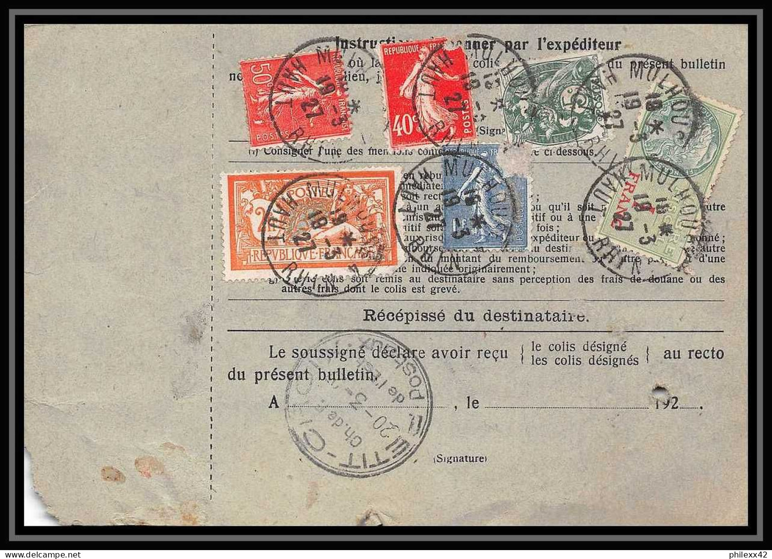 25068 Bulletin D'expédition France Colis Postaux Fiscal Haut Rhin - 1927 Mulhouse Semeuse + Merson Valeur Déclarée - Briefe U. Dokumente
