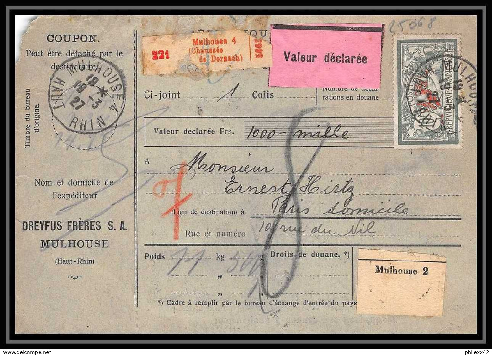25068 Bulletin D'expédition France Colis Postaux Fiscal Haut Rhin - 1927 Mulhouse Semeuse + Merson Valeur Déclarée - Cartas & Documentos