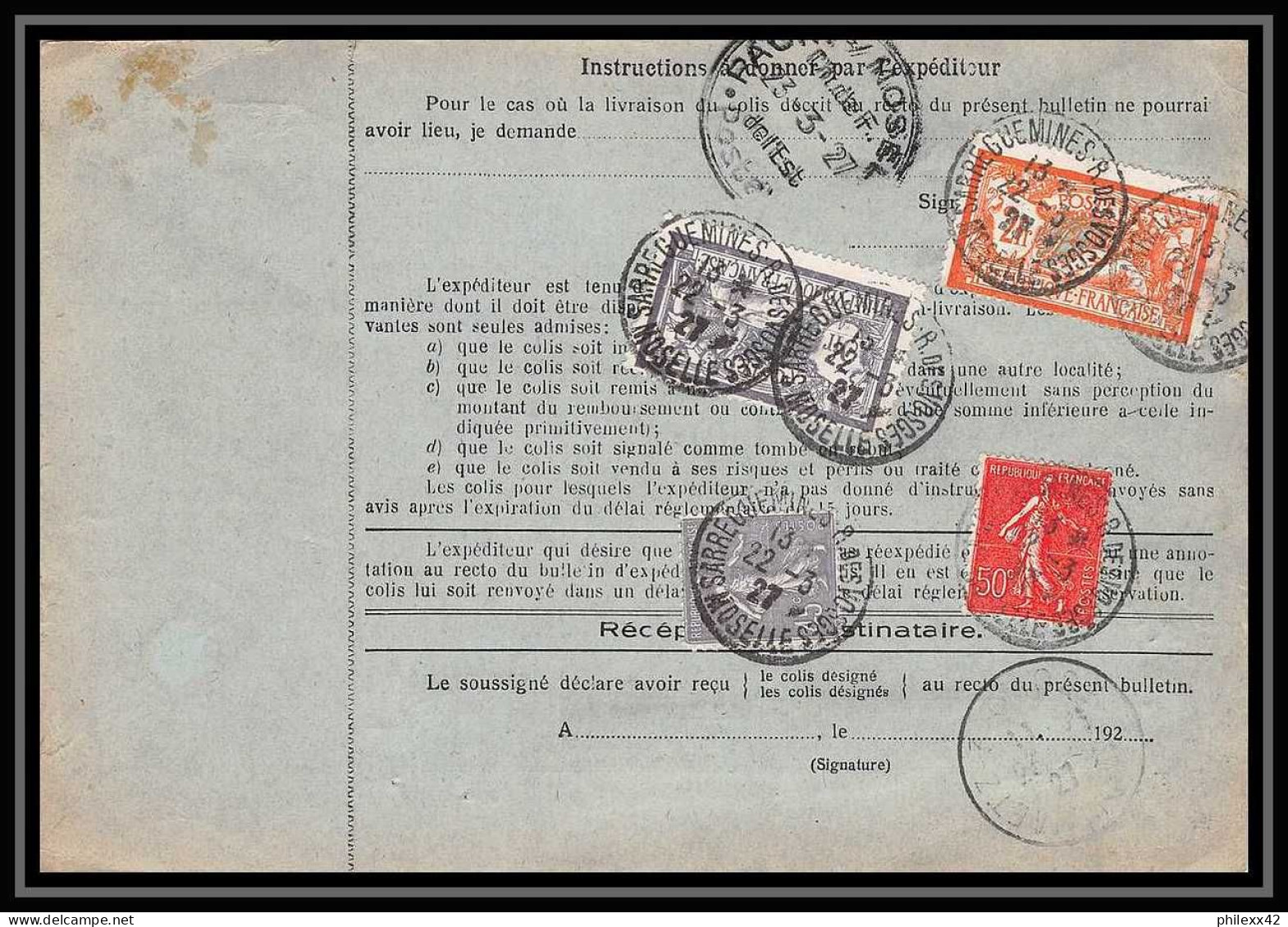 25063 Bulletin D'expédition France Colis Postaux Fiscal Haut Rhin 1927 Sarreguemines Semeuse + Merson 145+206 - Storia Postale