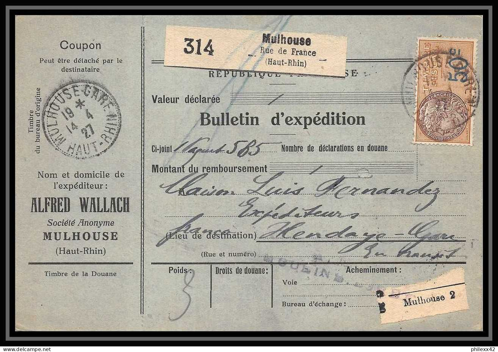 25056 Bulletin D'expédition France Colis Postaux Fiscal Haut Rhin - 1927 Mulhouse Merson 206 Alsace-Lorraine  - Covers & Documents