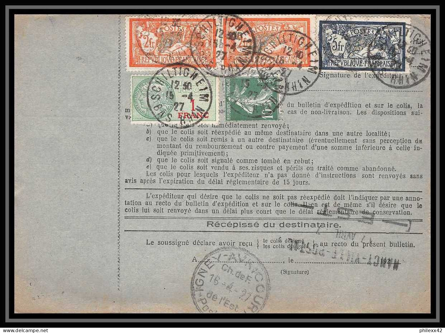 25060 Bulletin D'expédition France Colis Postaux Fiscal Haut Rhin 1927 Schiltigheim Merson 123+145 Valeur Déclarée - Cartas & Documentos