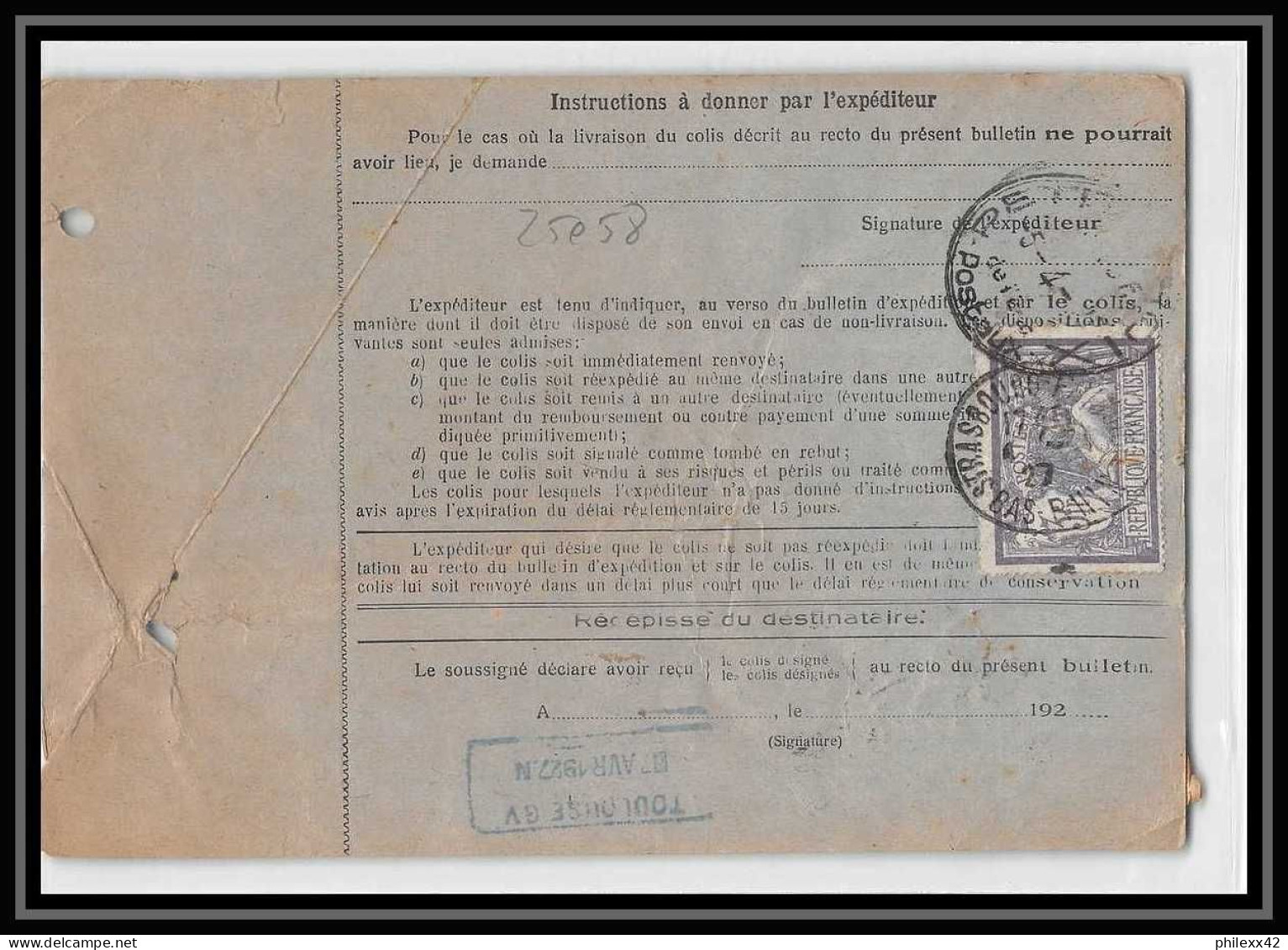 25058 Bulletin D'expédition France Colis Postaux Fiscal Haut Rhin 1927 Strasbourg Semeuse Merson 206 Pasteur - Cartas & Documentos