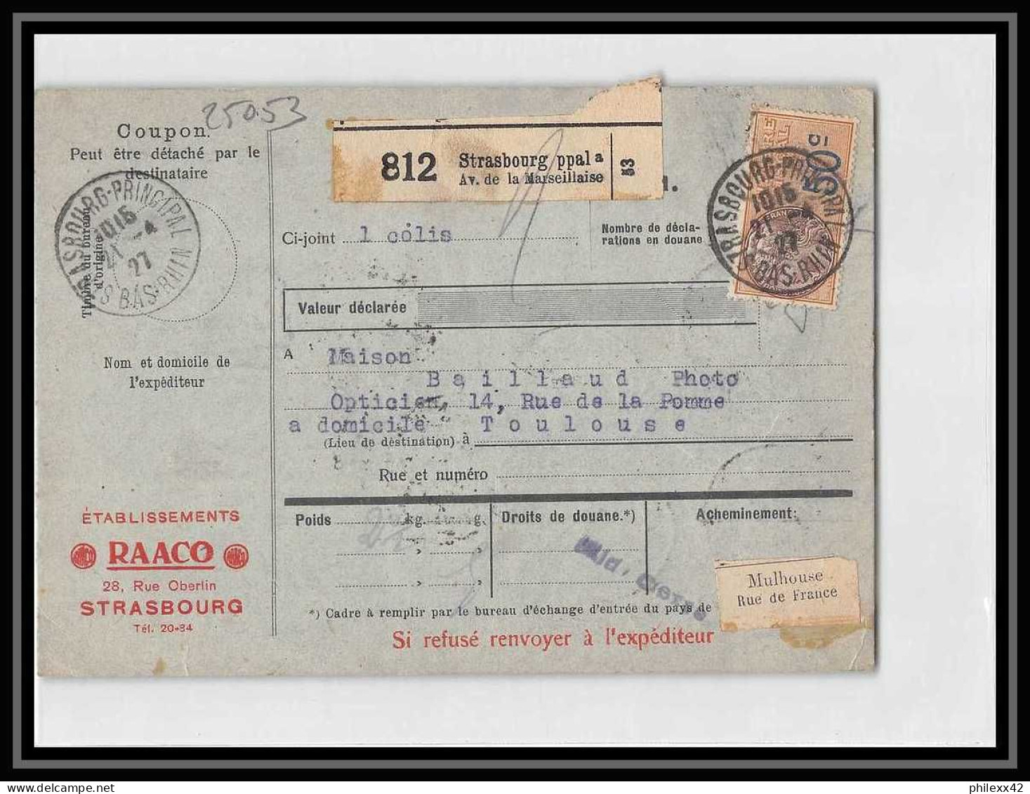 25053 Bulletin D'expédition France Colis Postaux Fiscal Haut Rhin 1927 Strasbourg Semeuse Merson 145 Alsace-Lorraine  - Cartas & Documentos