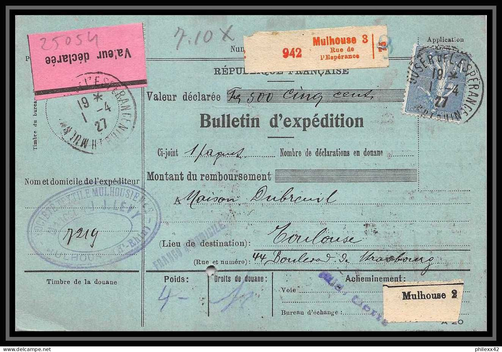 25054 Bulletin D'expédition France Colis Postaux Fiscal Haut Rhin - 1927 Mulhouse Merson 123 + Pasteur Valeur Déclarée - Briefe U. Dokumente