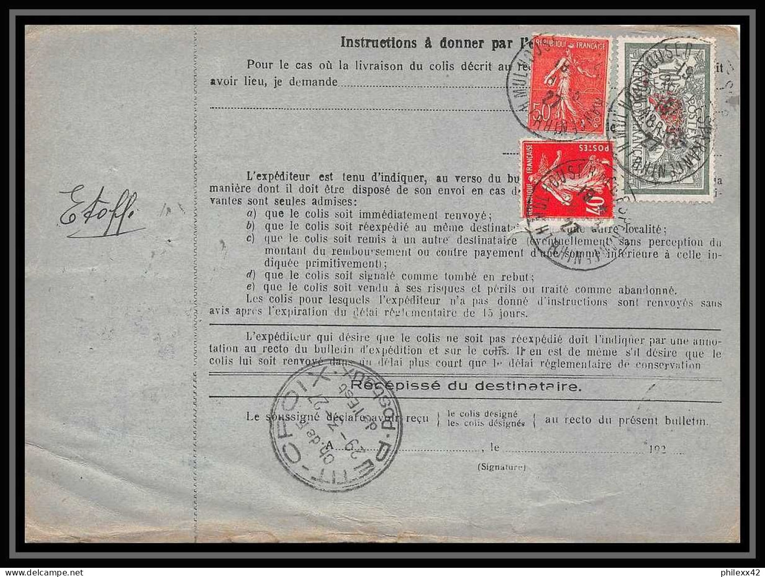 25032 Bulletin D'expédition France Colis Postaux Fiscal Haut Rhin - 1927 Mulhouse Semeuse Merson 207 Valeur Déclarée - Storia Postale