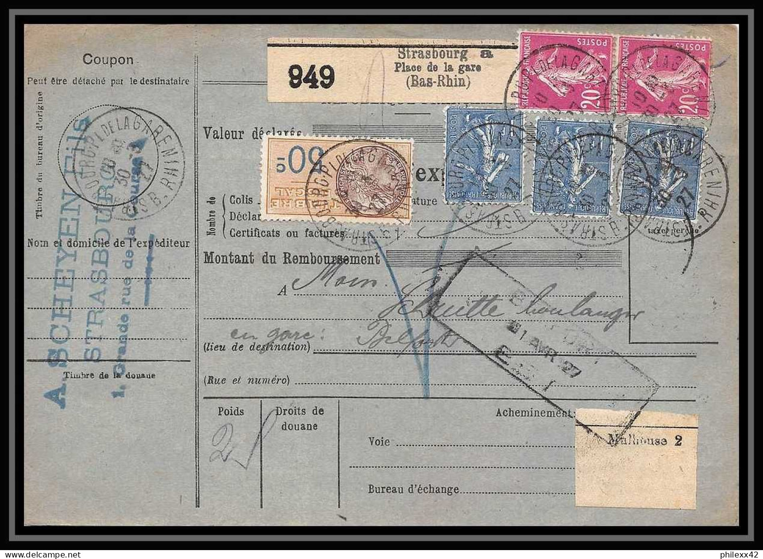 25051 Bulletin D'expédition France Colis Postaux Fiscal Haut Rhin - 1927 Strasbourg Semeuse 190+205 Alsace-Lorraine  - Briefe U. Dokumente