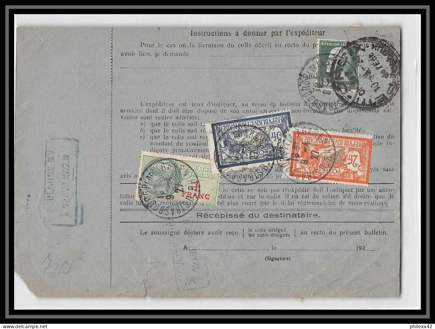 25047 Bulletin D'expédition France Colis Postaux Fiscal Haut Rhin - 1927 Strasbourg Merson 123+145 Alsace-Lorraine  - Cartas & Documentos