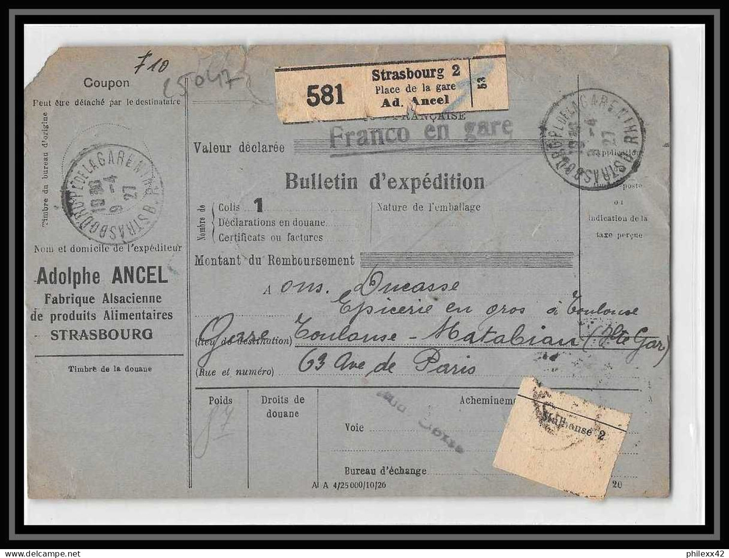 25047 Bulletin D'expédition France Colis Postaux Fiscal Haut Rhin - 1927 Strasbourg Merson 123+145 Alsace-Lorraine  - Cartas & Documentos