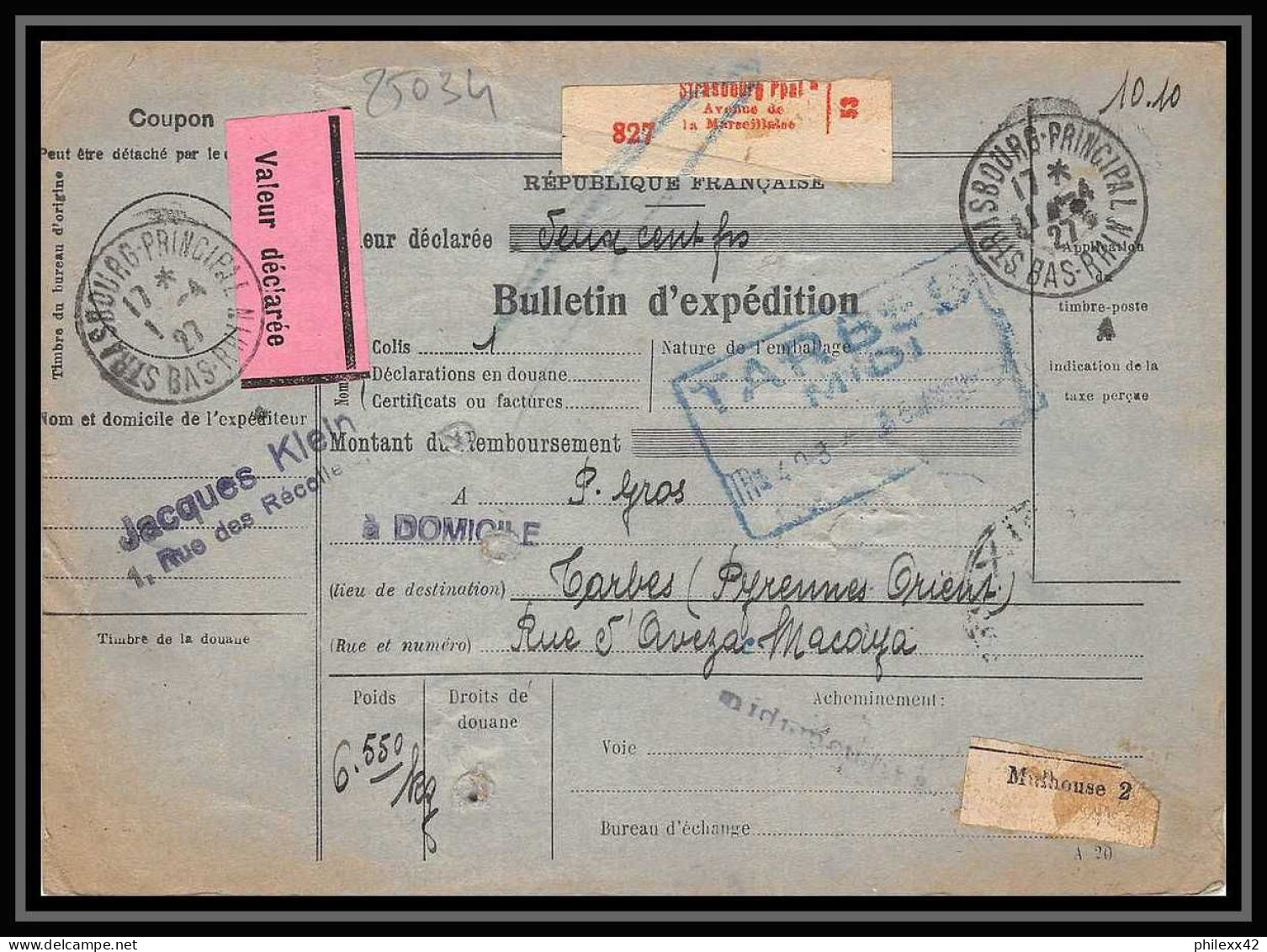 25034 Bulletin D'expédition France Colis Postaux Fiscal Haut Rhin - 1927 Strasbourg Merson 206 X 3 Valeur Déclarée - Cartas & Documentos