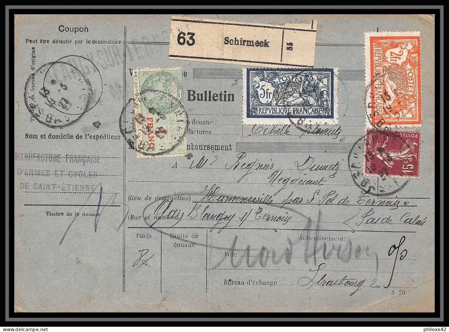 25031 Bulletin D'expédition France Colis Postaux Fiscal Haut Rhin - 1927 Schirmeck Merson 129+145 Alsace-Lorraine  - Storia Postale