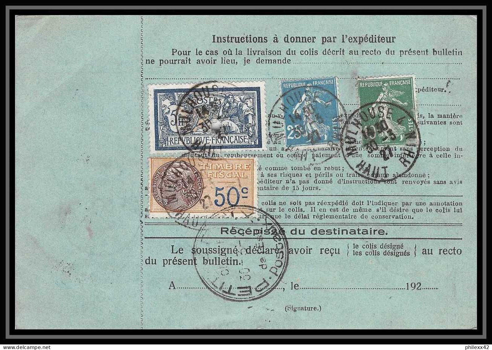 25018 Bulletin D'expédition France Colis Postaux Fiscal Haut Rhin 1927 Guebwiller Semeuse Merson 123 Valeur Déclarée - Cartas & Documentos