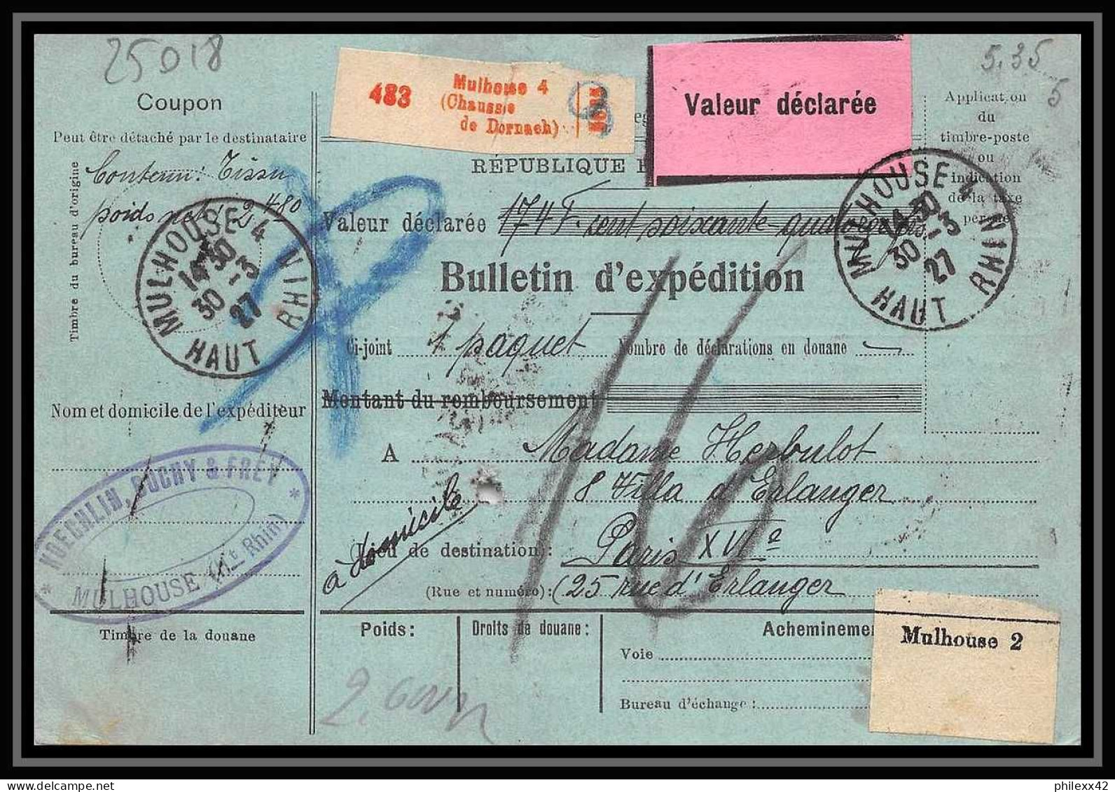 25018 Bulletin D'expédition France Colis Postaux Fiscal Haut Rhin 1927 Guebwiller Semeuse Merson 123 Valeur Déclarée - Storia Postale