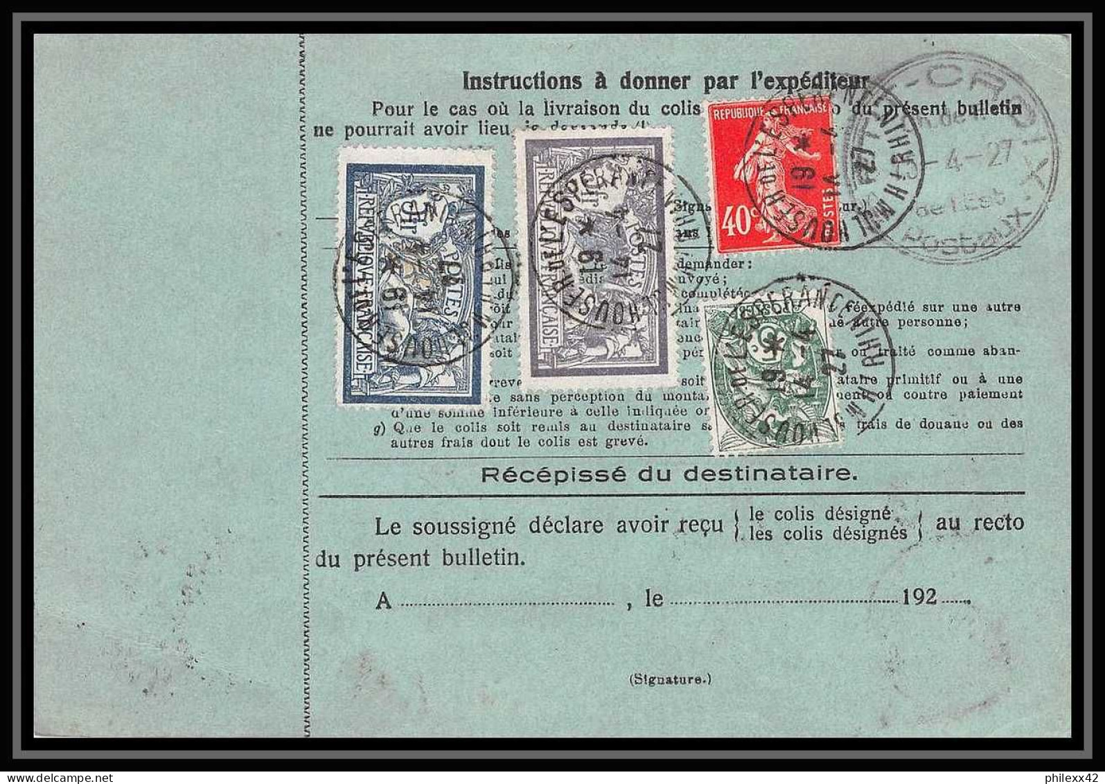 25023 Bulletin D'expédition France Colis Postaux Fiscal Haut Rhin - 1927 Mulhouse Merson 123+145 GARE - Covers & Documents