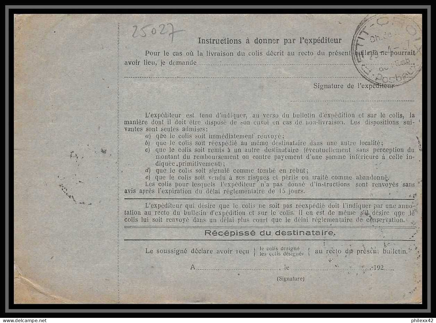 25027 Bulletin D'expédition France Colis Postaux Fiscal Haut Rhin - 1927 RIXHEIM Semeuse Perforé Alsace-Lorraine  - Cartas & Documentos