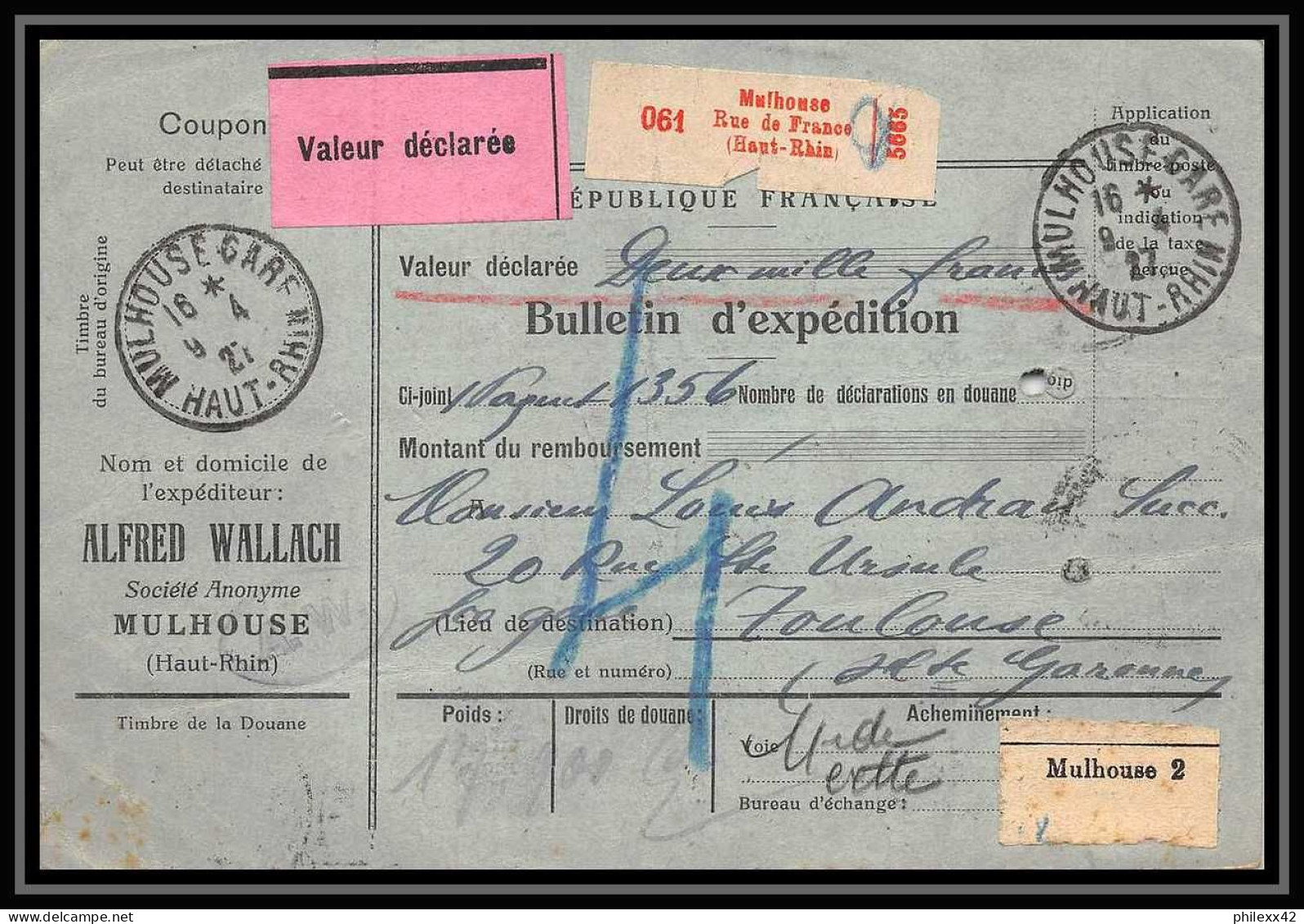 25028 Bulletin D'expédition France Colis Postaux Fiscal Haut Rhin 1927 Mulhouse Semeuse Merson 123+206 Valeur Déclarée - Cartas & Documentos