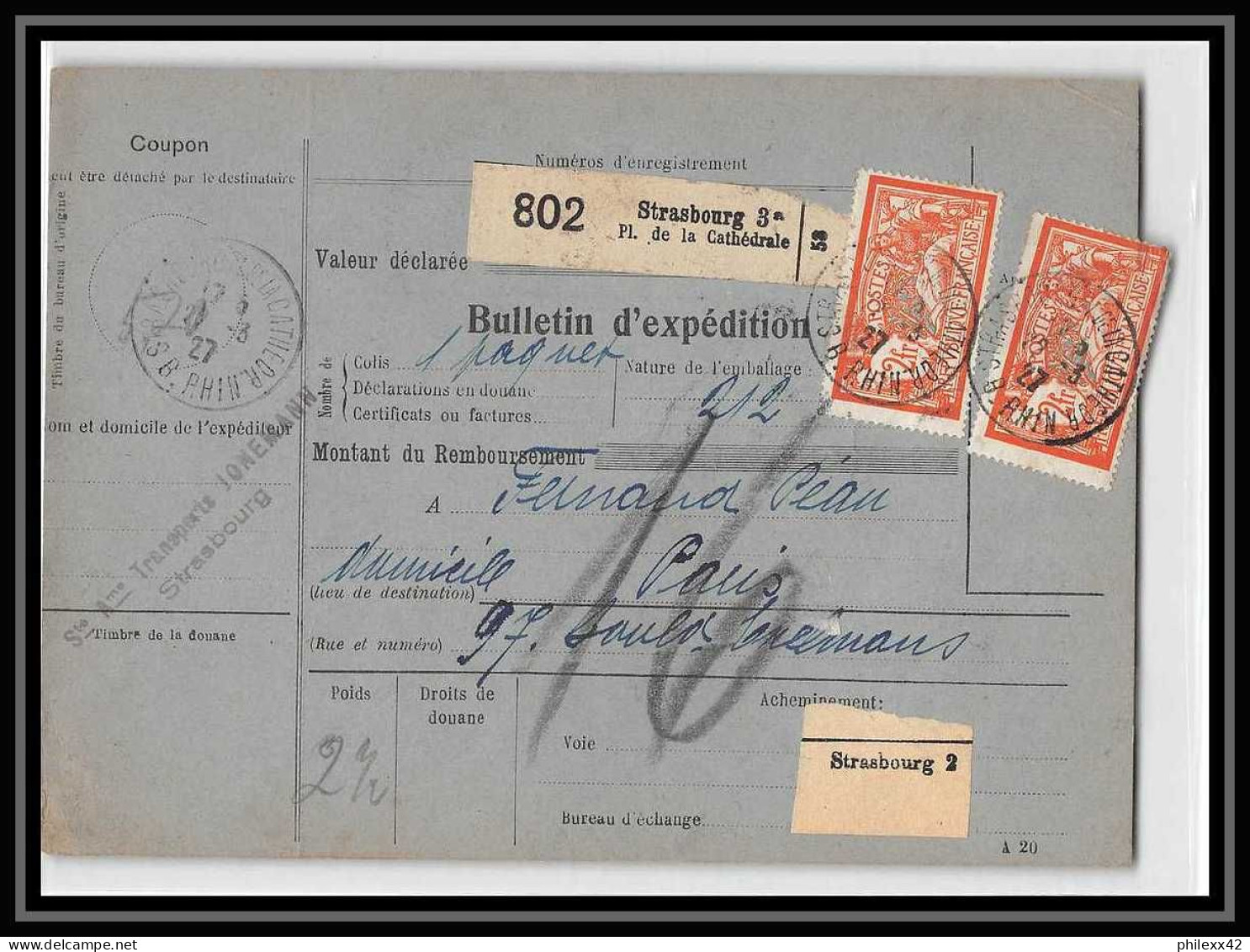 25024 Bulletin D'expédition France Colis Postaux Fiscal Haut Rhin - 1927 Strasbourg Merson 145 Alsace-Lorraine  - Storia Postale