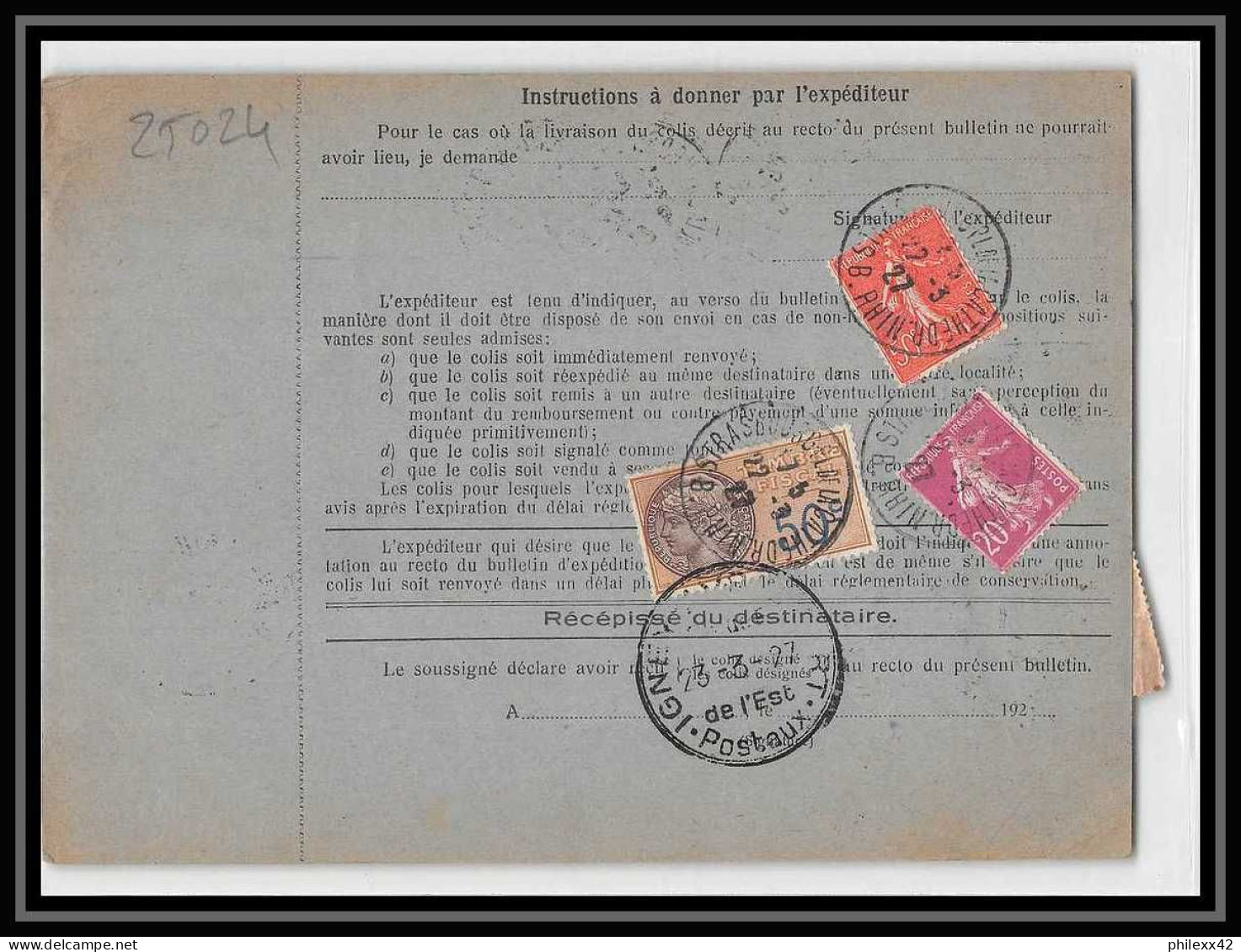 25024 Bulletin D'expédition France Colis Postaux Fiscal Haut Rhin - 1927 Strasbourg Merson 145 Alsace-Lorraine  - Covers & Documents