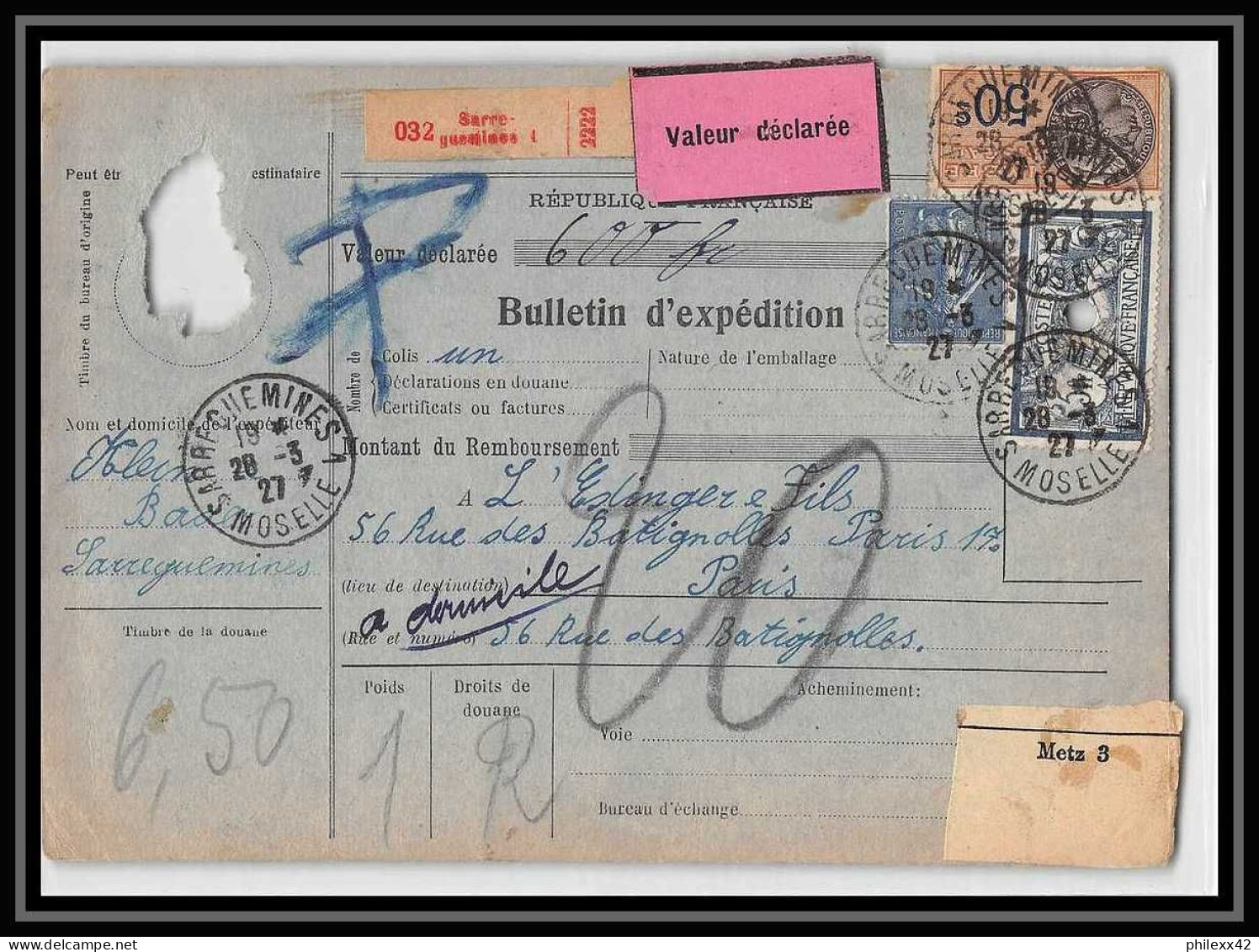 25020 Bulletin D'expédition France Colis Postaux Fiscal Haut Rhin 1927 Guebwiller Semeuse Merson 123 Valeur Déclarée - Cartas & Documentos