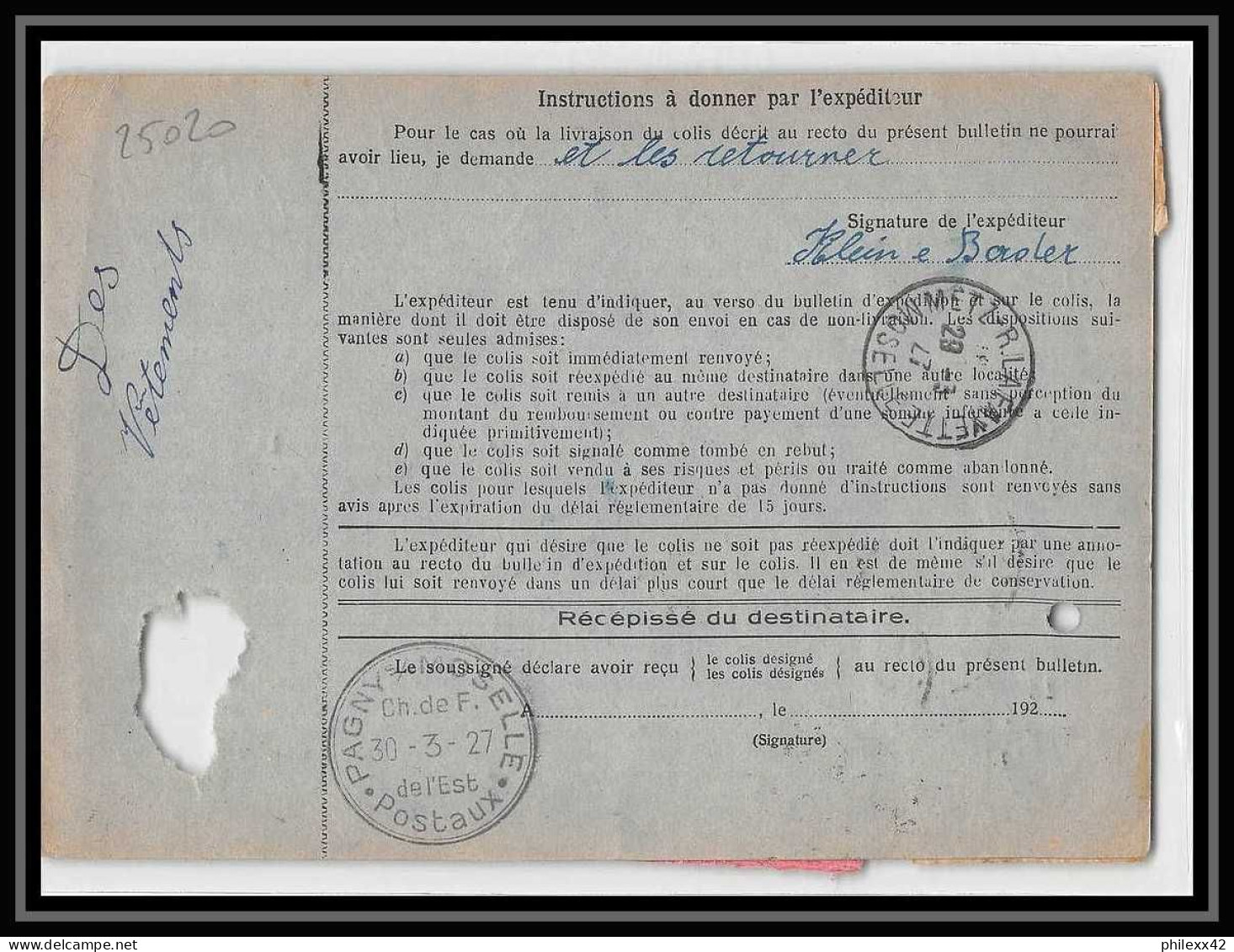 25020 Bulletin D'expédition France Colis Postaux Fiscal Haut Rhin 1927 Guebwiller Semeuse Merson 123 Valeur Déclarée - Lettres & Documents