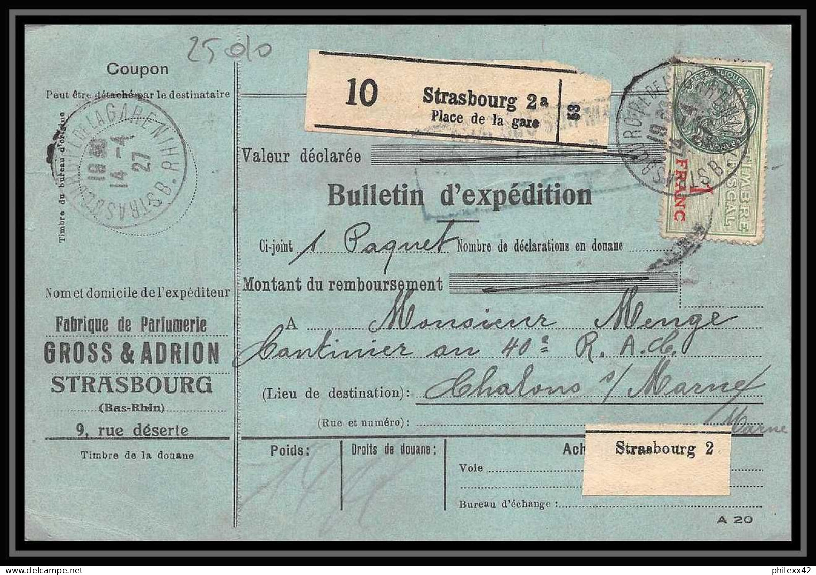 25010 Bulletin D'expédition France Colis Postaux Fiscal Haut Rhin - 1927 Strasbourg Merson 123+145 Alsace-Lorraine  - Lettres & Documents