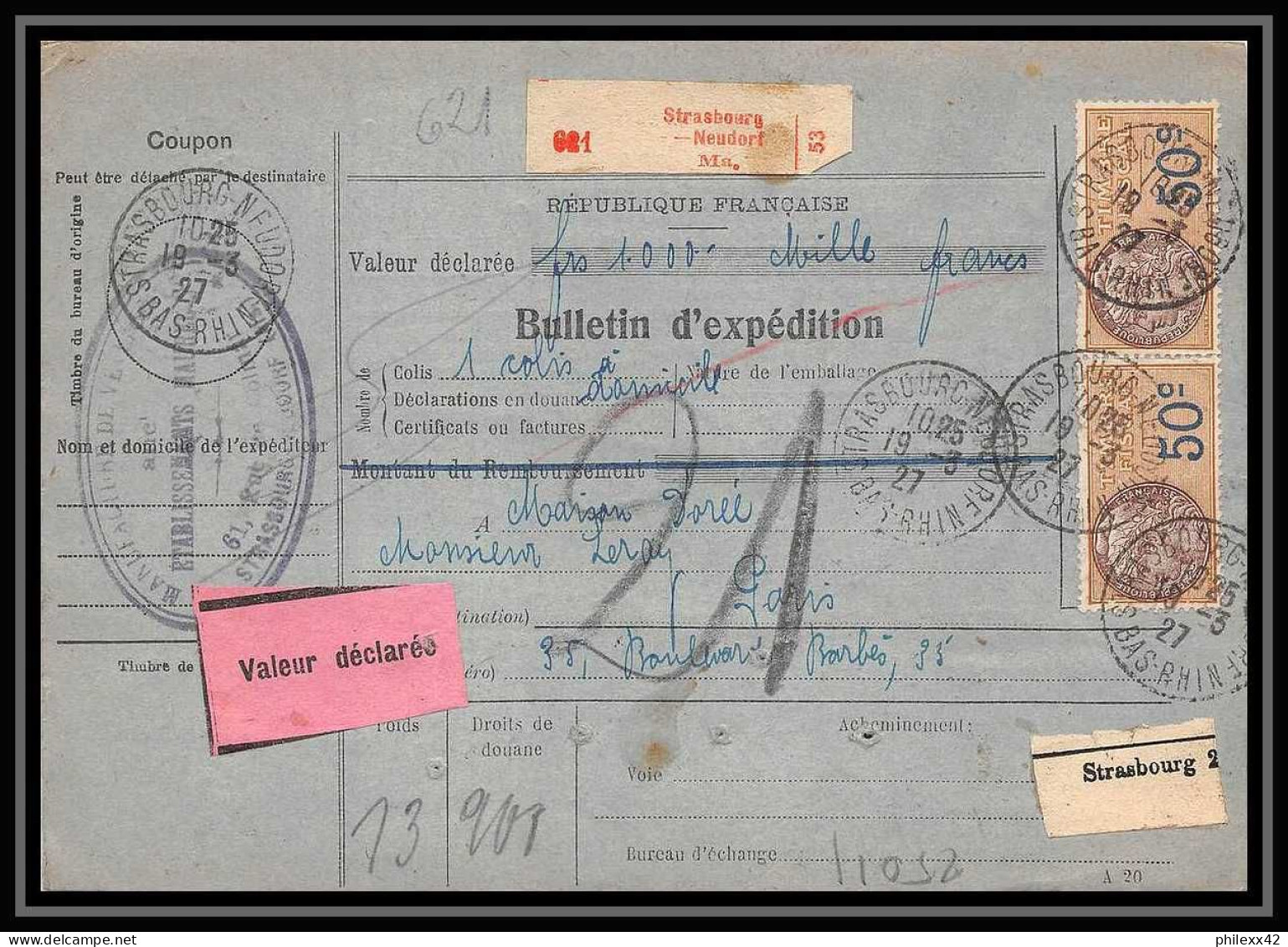 25011 Bulletin D'expédition France Colis Postaux Fiscal Haut Rhin 1927 Strasbourg Semeuse Merson 123 Valeur Déclarée - Storia Postale