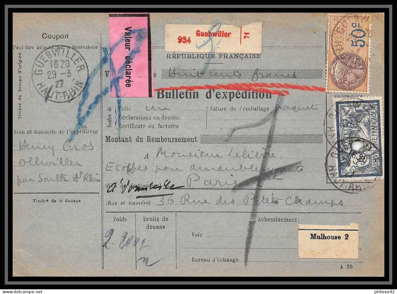 25015 Bulletin D'expédition France Colis Postaux Fiscal Haut Rhin 1927 Guebwiller Semeuse Merson 123 Valeur Déclarée - Cartas & Documentos