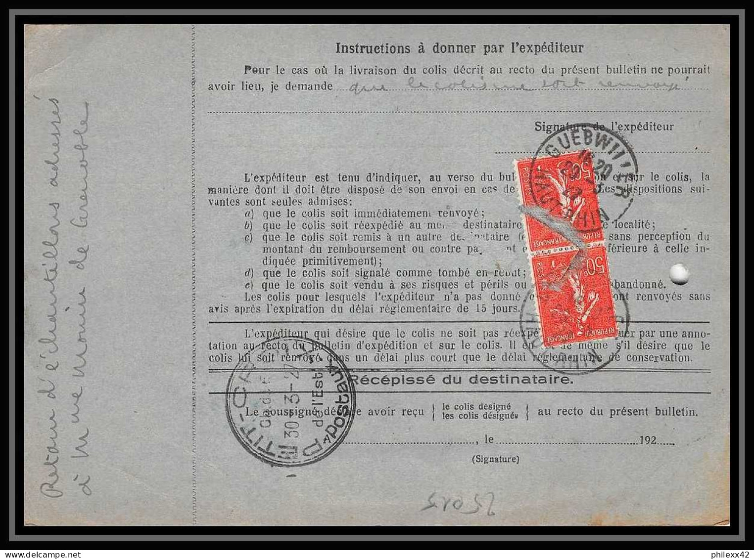 25015 Bulletin D'expédition France Colis Postaux Fiscal Haut Rhin 1927 Guebwiller Semeuse Merson 123 Valeur Déclarée - Storia Postale