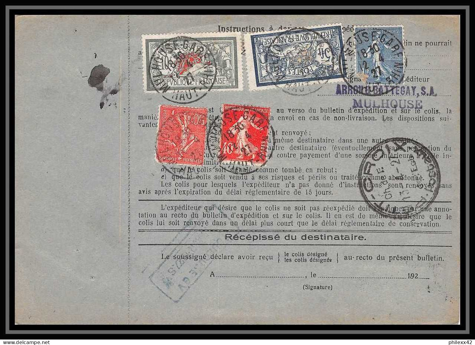 25004 Bulletin D'expédition France Colis Postaux Fiscal Haut Rhin - 1927 Mulhouse Merson 123+207 Valeur Déclarée - Cartas & Documentos