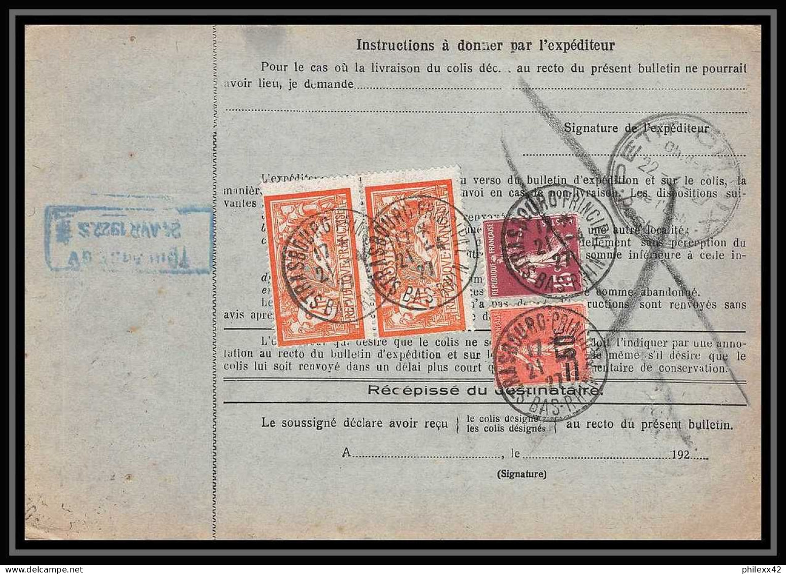 25007 Bulletin D'expédition France Colis Postaux Fiscal Haut Rhin 1927 Strasbourg Semeuse Merson 145 EN GARE - Brieven & Documenten
