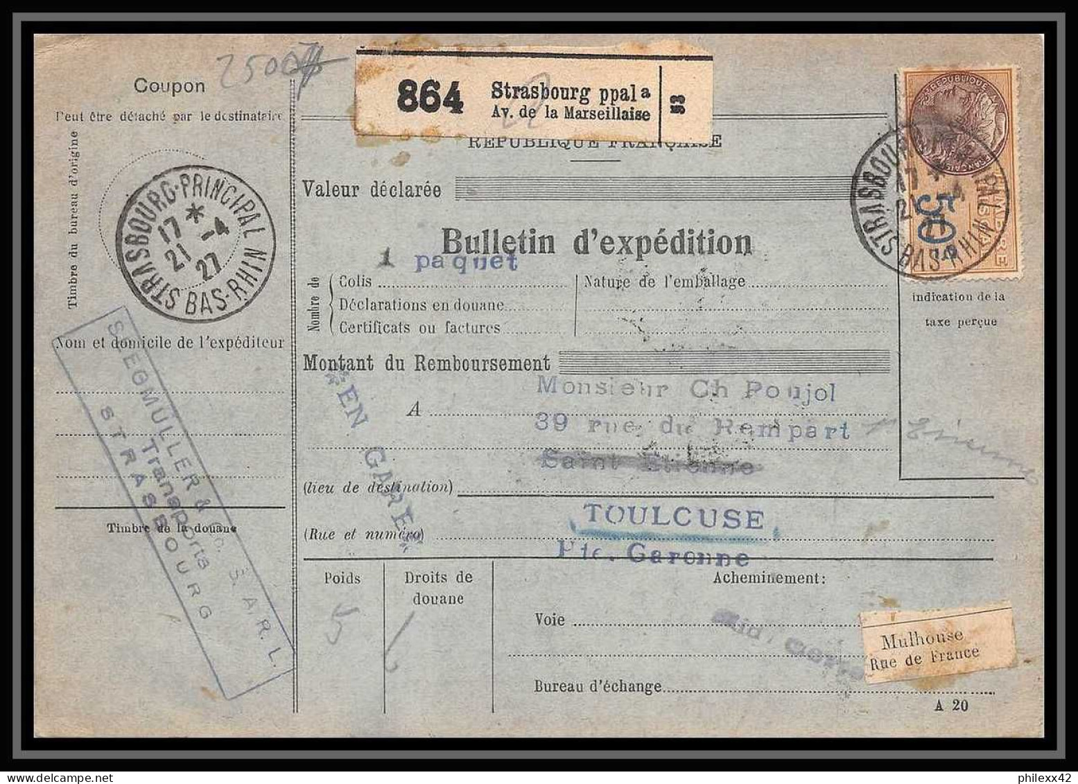 25007 Bulletin D'expédition France Colis Postaux Fiscal Haut Rhin 1927 Strasbourg Semeuse Merson 145 EN GARE - Cartas & Documentos